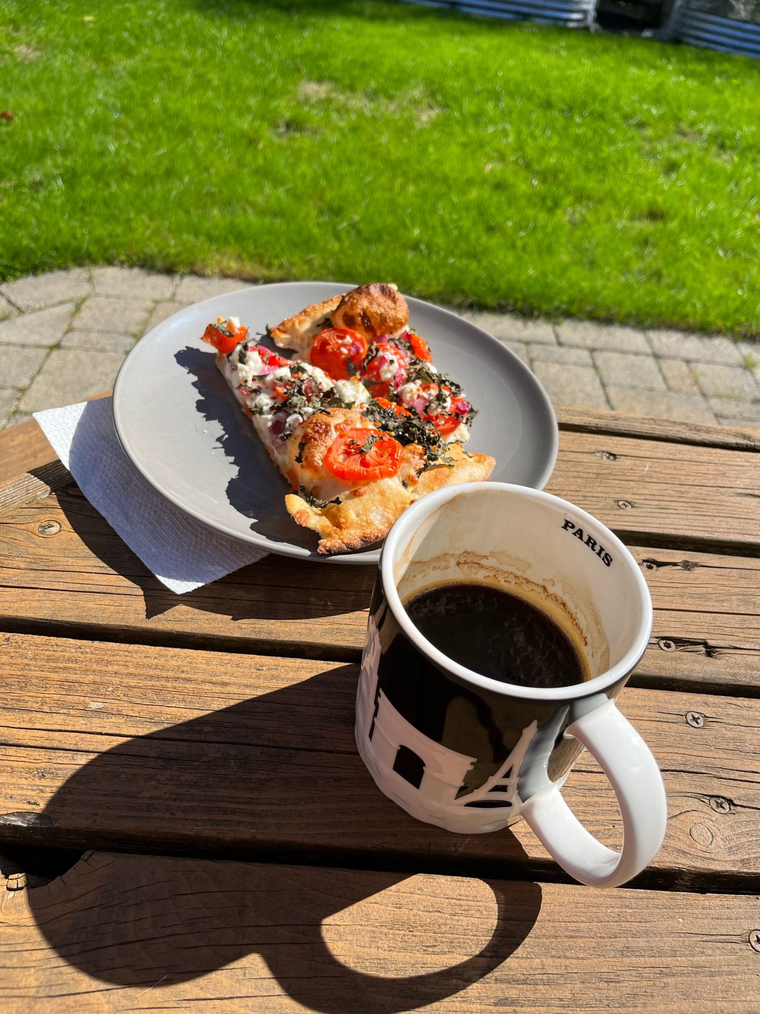 reheated pizza 
and strong Americano
on a sunny day