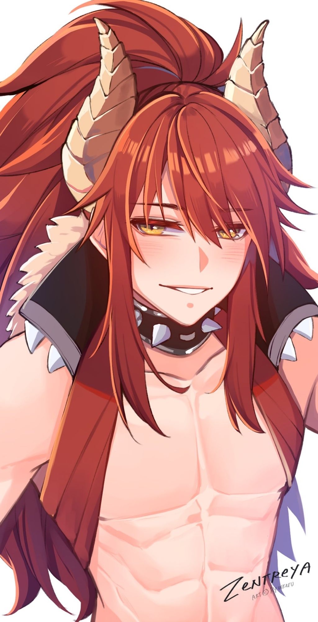 Man with horns and long wild red hair. He wears only a red vlcollared vest that is open to expose his smooth muscled chest.