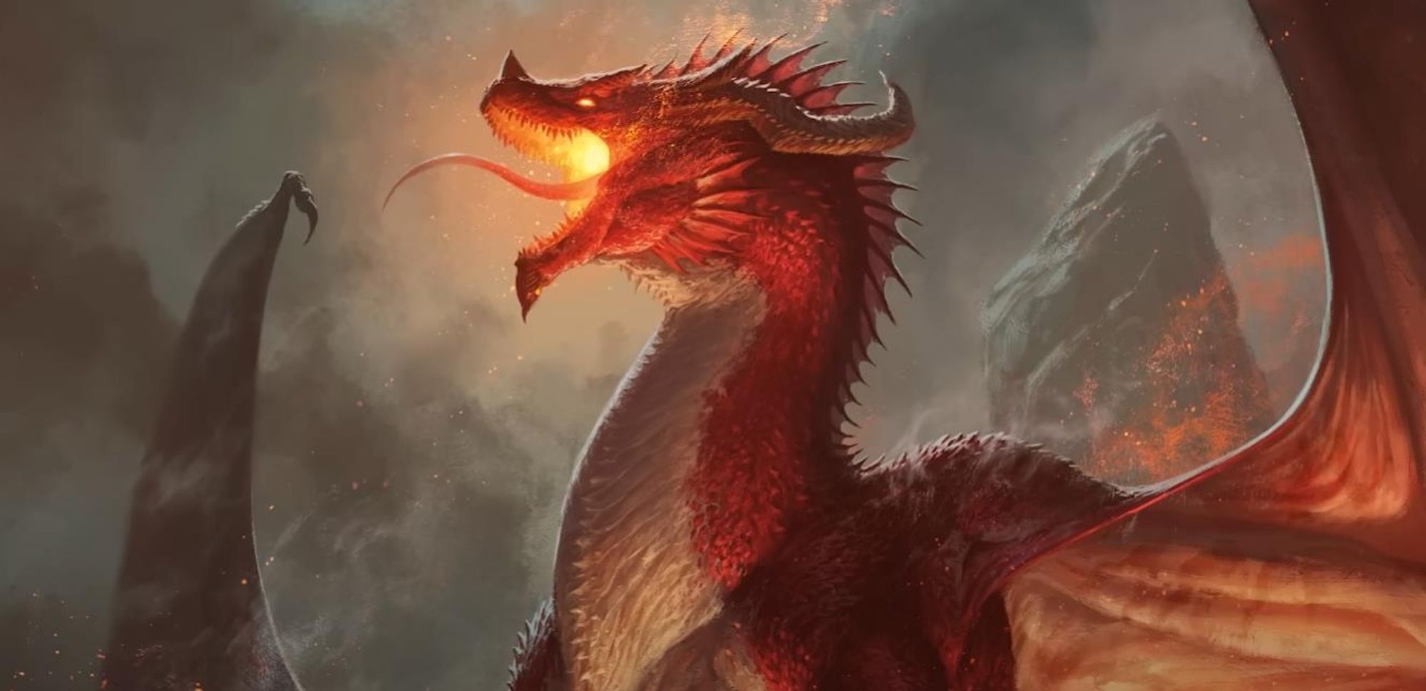 Image looking up at a roarind red-dragon whose mouth is aglow with fiery heat within.