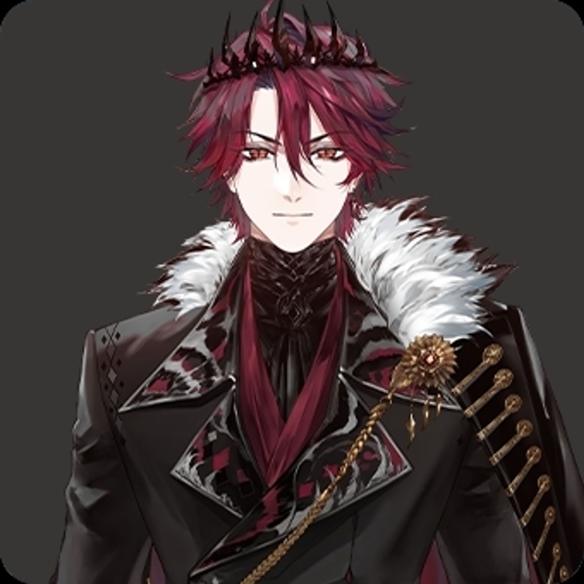 Handsome anime-styled man with wine-red hair and dark clothes, including a dark crown and cape with a furred collar.