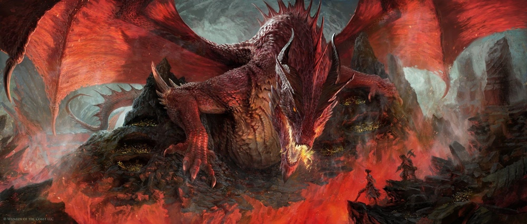 Maasive red dragon with a mouth full of flames looking out across a fiery chasm at a group of heroes.