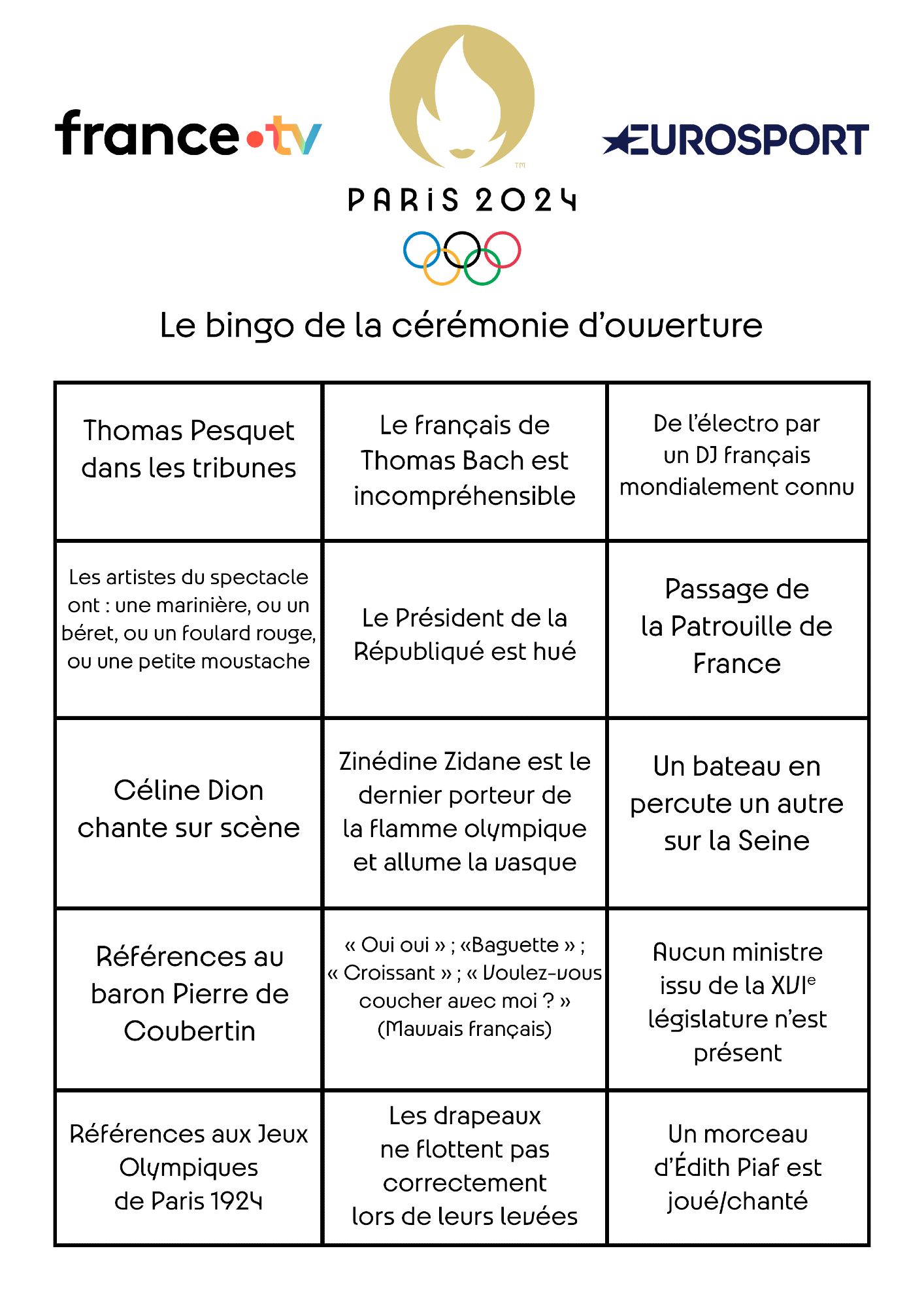 Bingo de la cérémonie d'ouverture des Jeux Olympiques de Paris 2024, rempli de clichés qui peuvent probablement se dérouler.