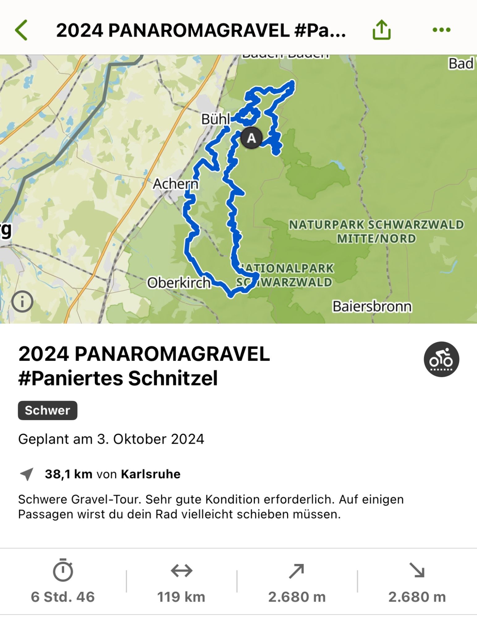 Screenshot der Komoot-Planung der Veranstaltung „Panaromagravel #PaniertesSchnitzel“ über 119 Kilometer und 2680 Höhenmeter.