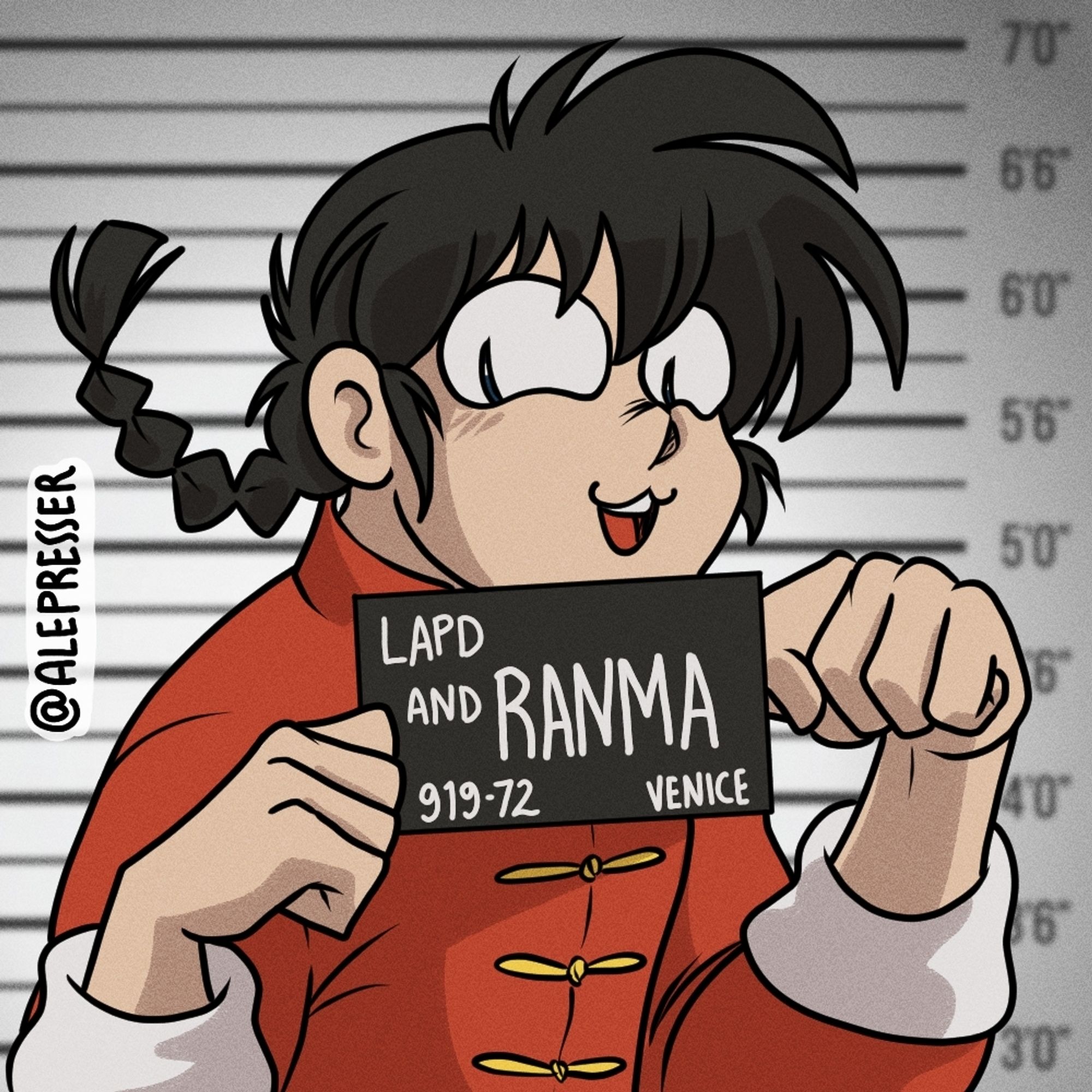 Ranma mugshot, emulating that Barbie movie scene. He's in cat-fu mode!