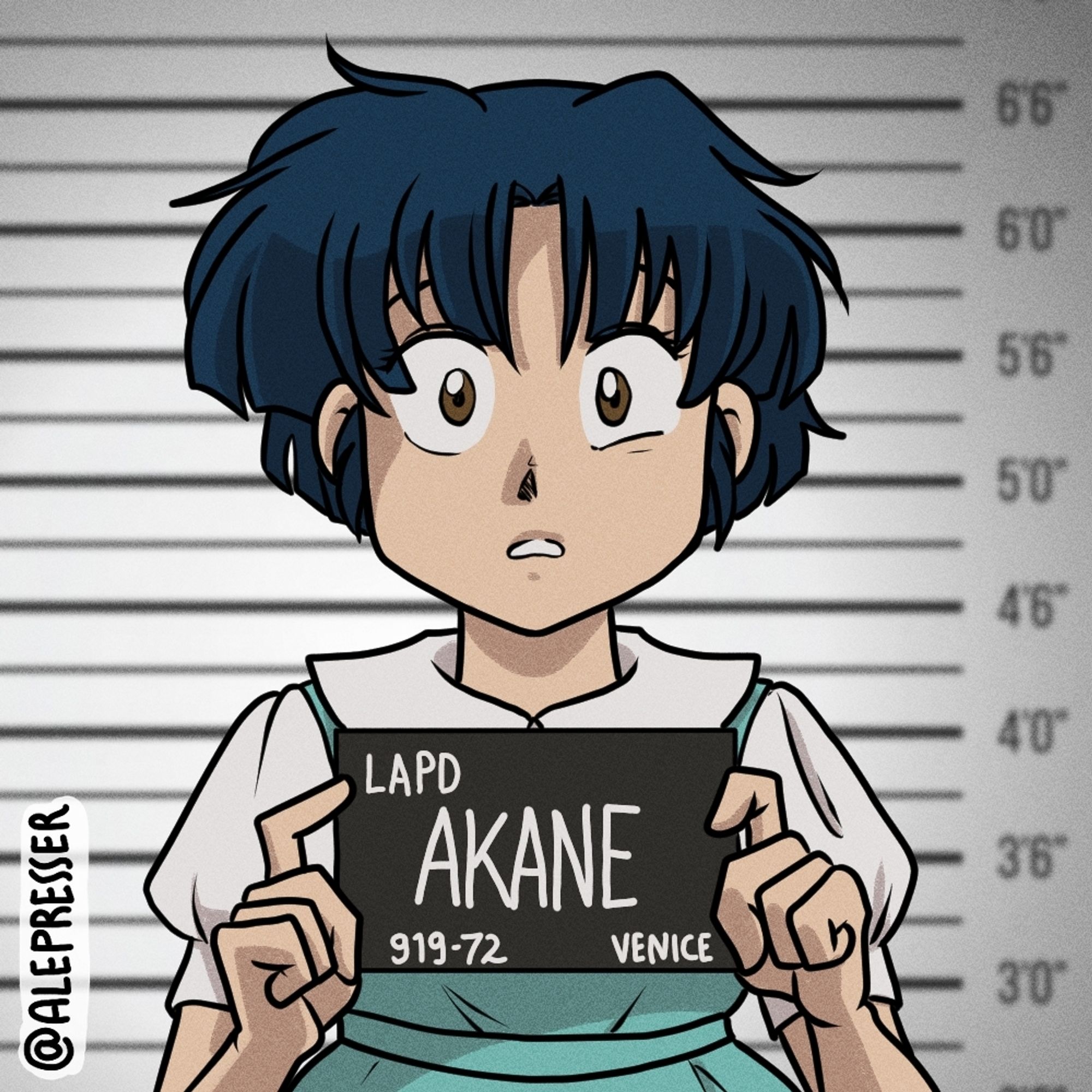 Akane mugshot, emulating that Barbie movie scene. She looks perplexed.