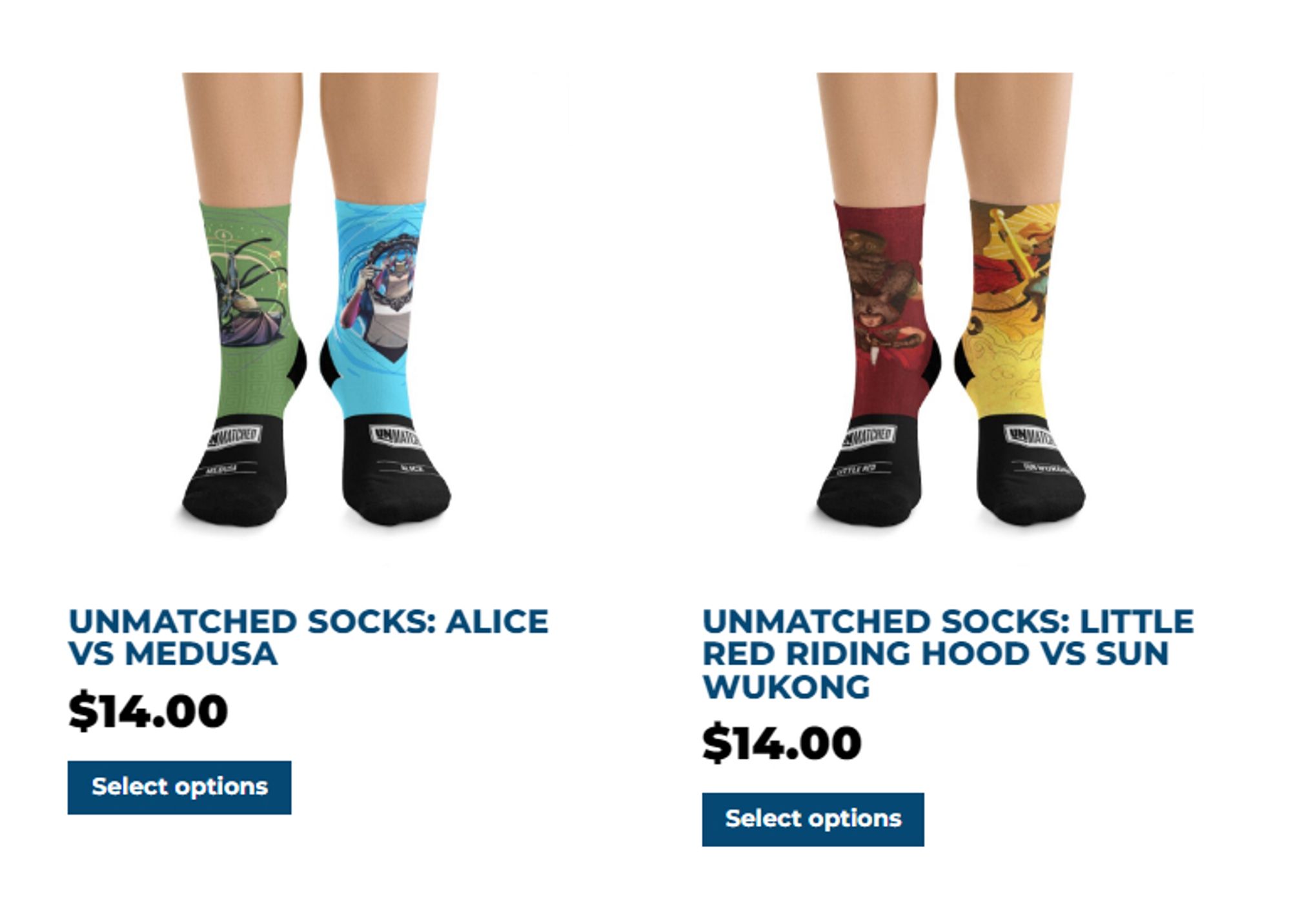 Listings from the Restoration Games webstore, including mismatched socks, one with Alice on one sock and Medusa on the other, one with Little Red Riding Hood on one and Sun Wukong on the other.