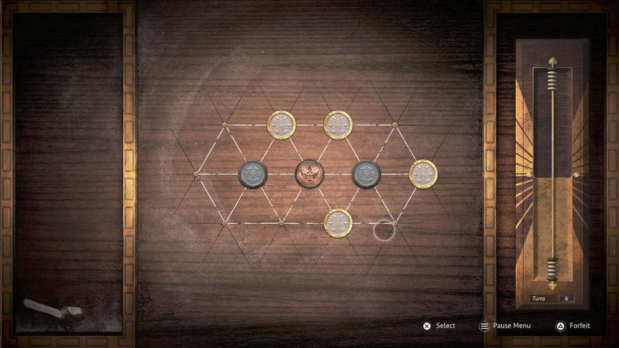 Screenshot of the Sebo minigame from Flintlock, a top down view of an abstract board game game feature coins on a triangular grid