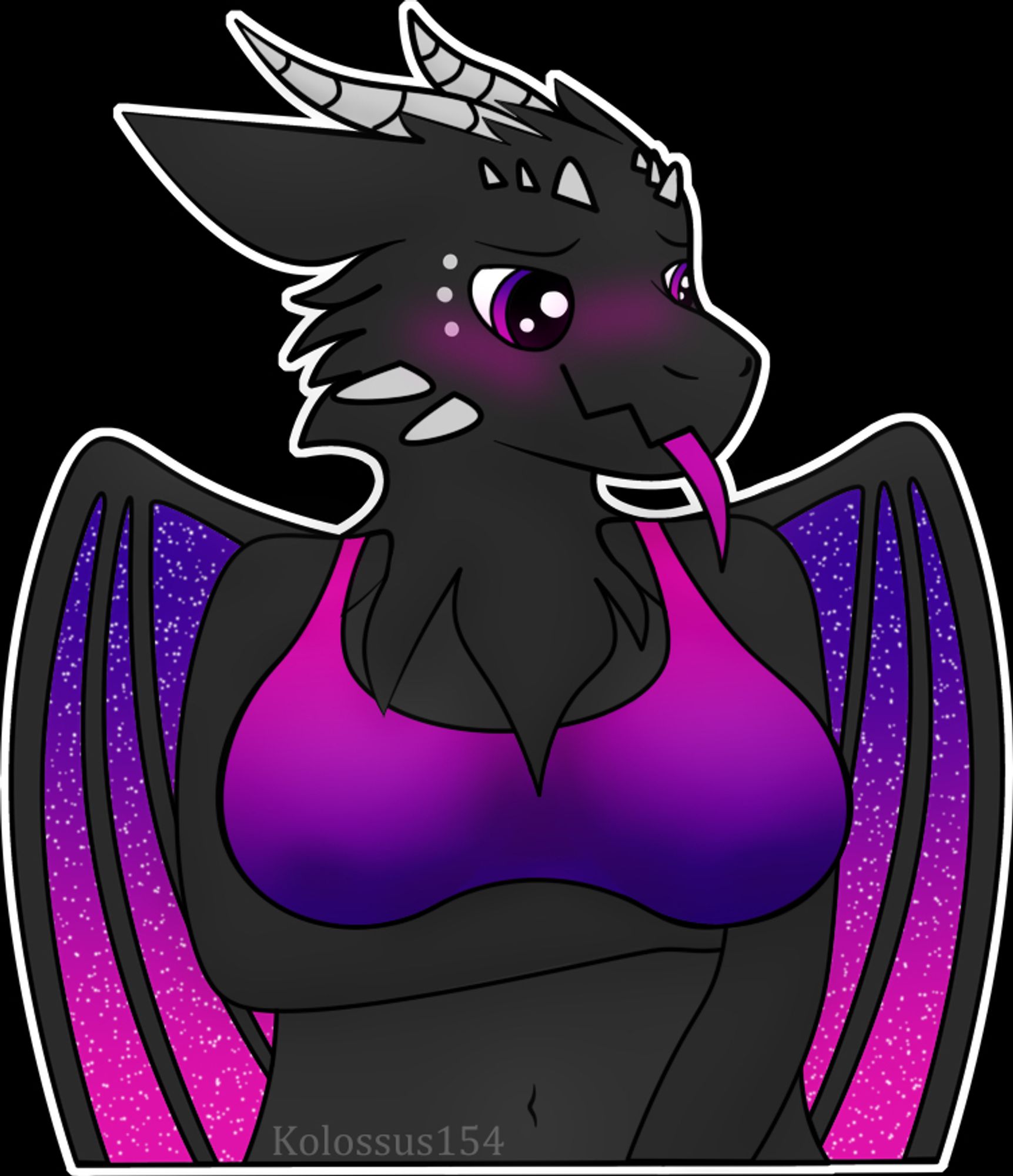 A shy black dragon with wings of a purple-pink gradient, and a bra to match. She is embarrassed, blushing and sticking her tongue out.