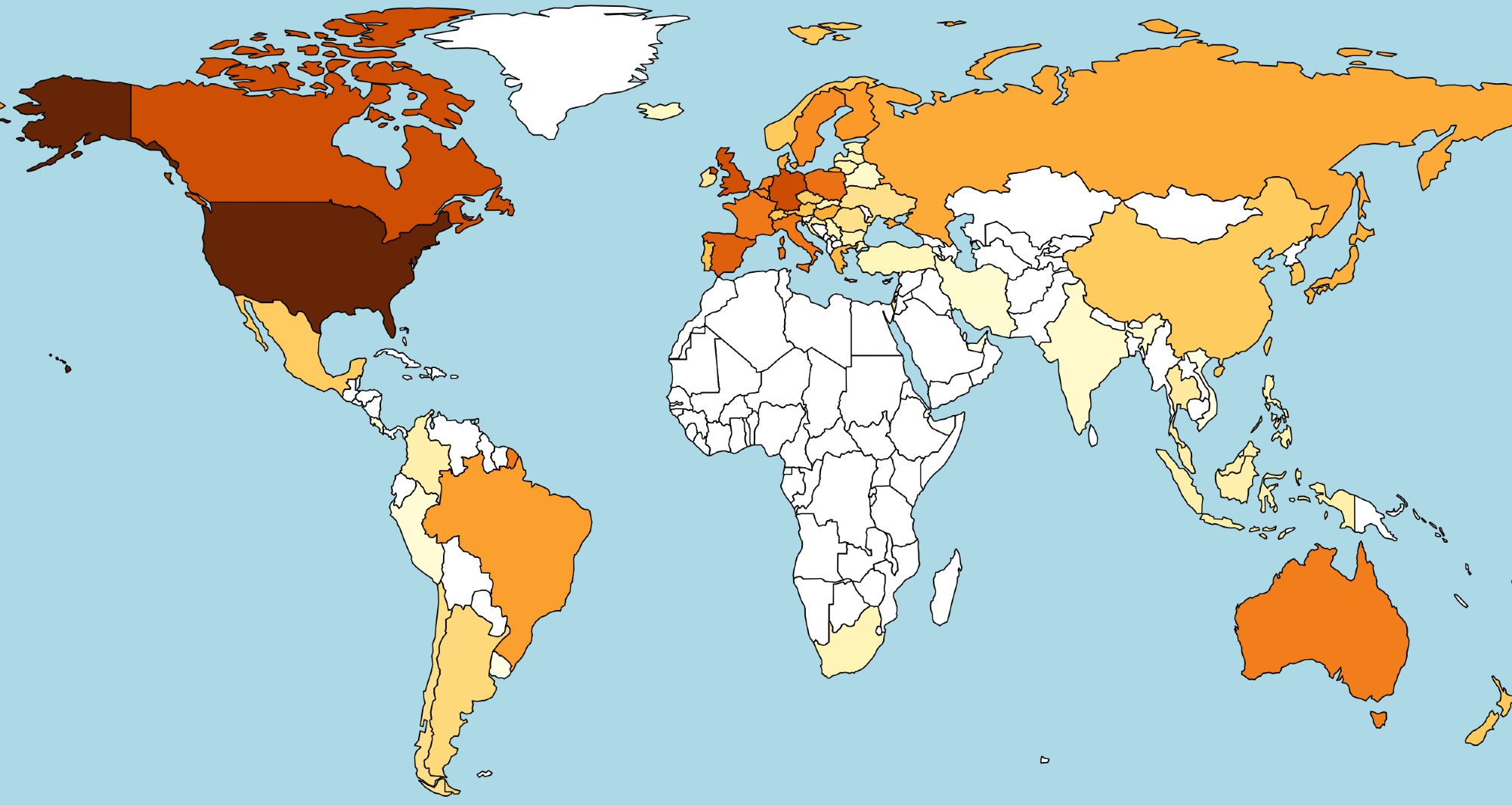 A political map of the world with countries coloured by the size of their BoardGameGeek community