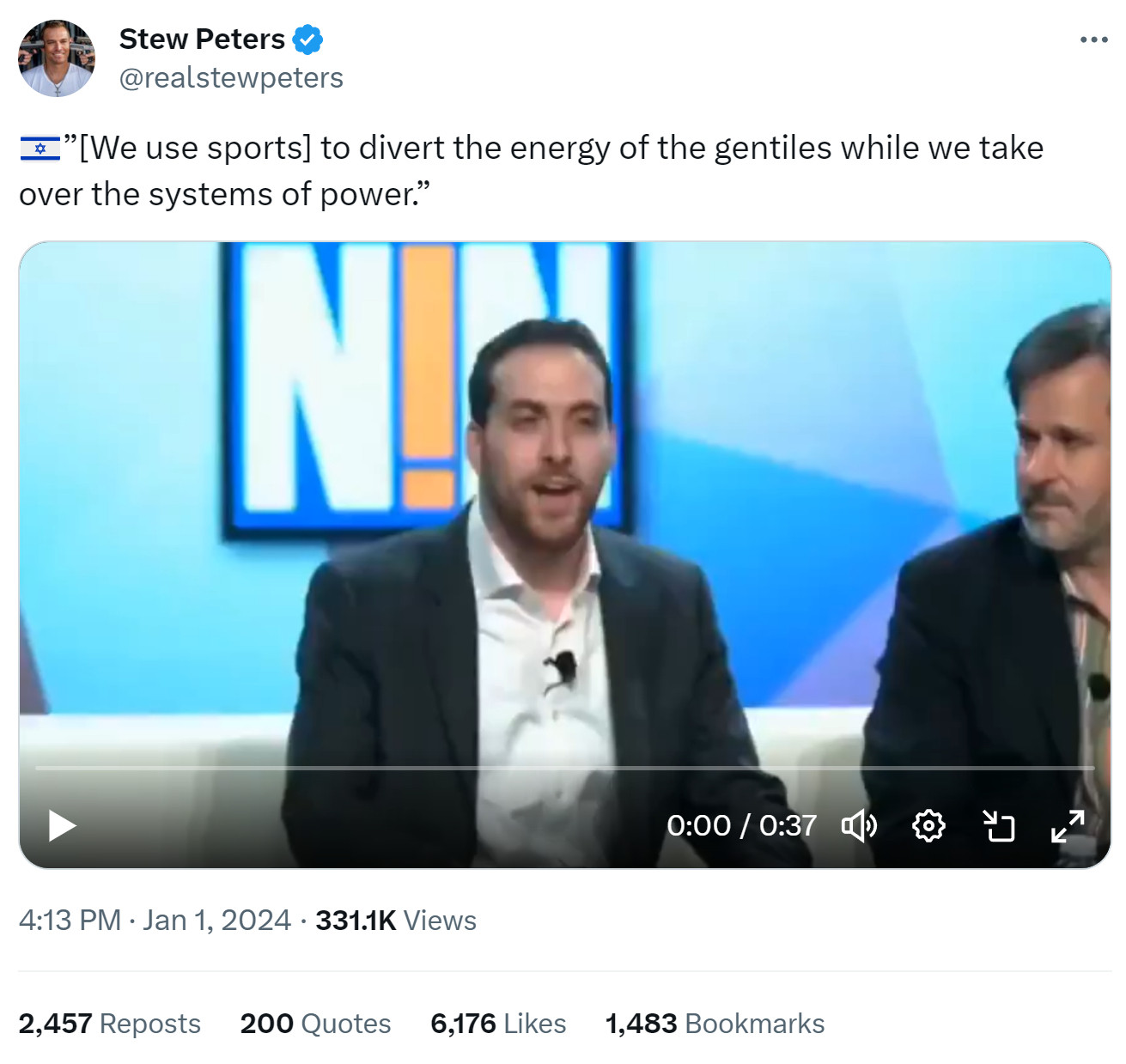 White nationalist Stew Peters tweets clip of me joking, in response to an antisemitic troll that claimed Jews are unathletic, that sports are a Jewish plot "to divert the energy of the gentile while we take over the systems of power."