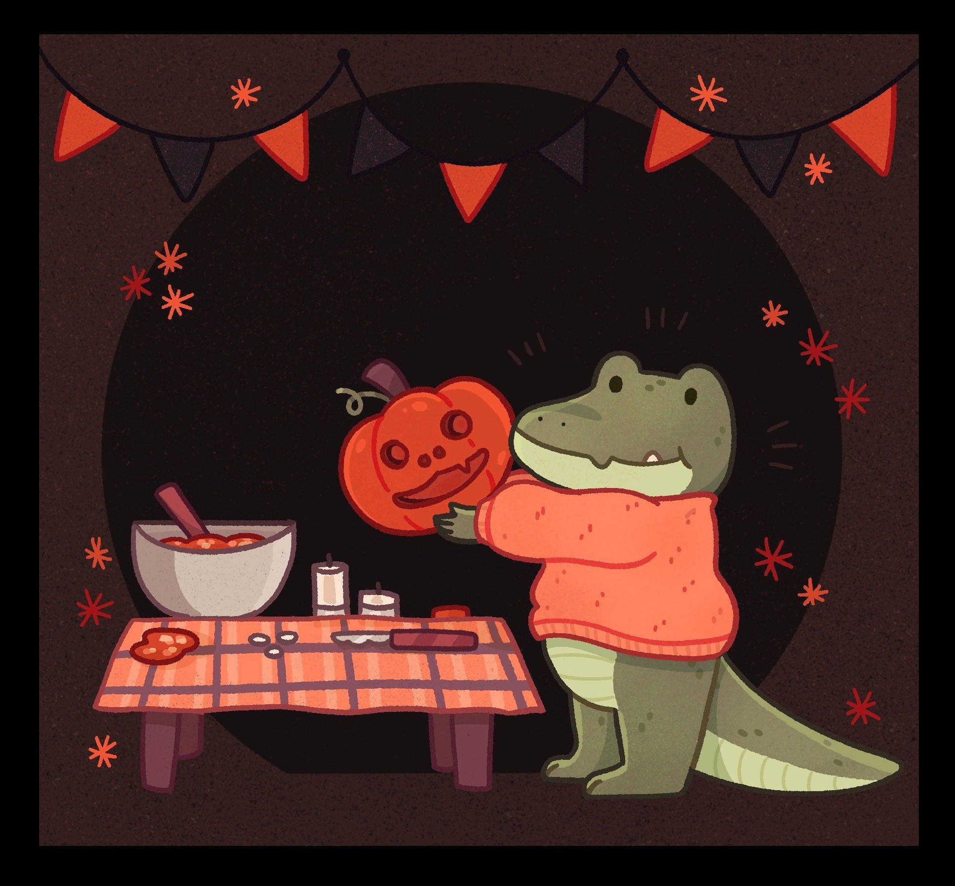 Cute illustration of an alligator with a carved pumpkin.