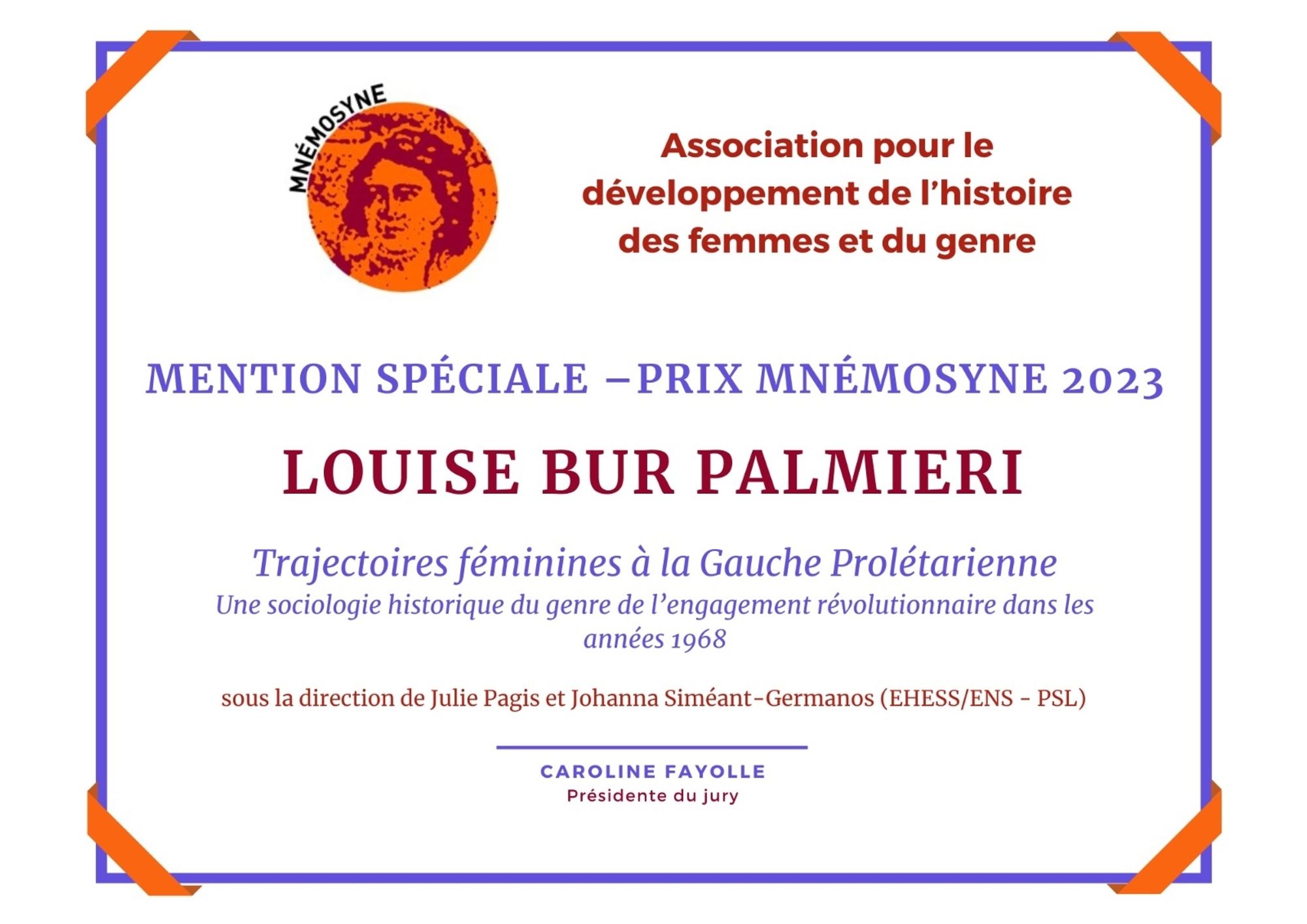 Affiche le la mention spéciale au prix Mnémosyne