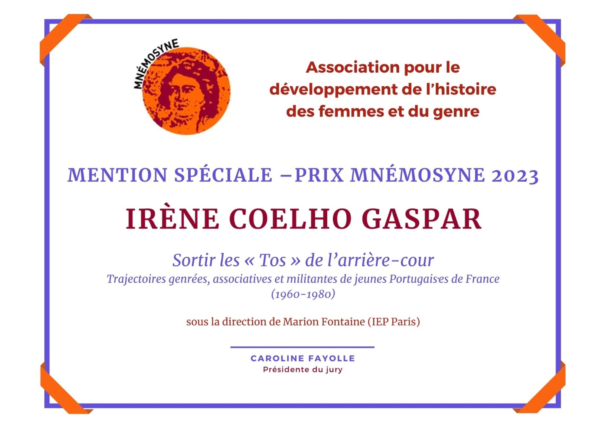 Mention spéciale - prix Mnémosyne