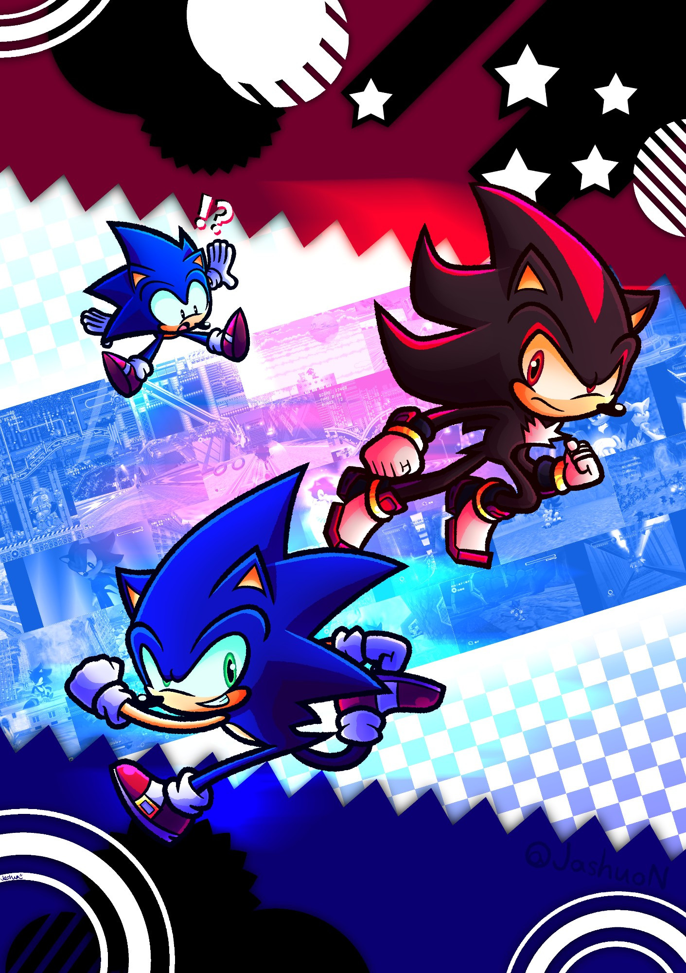 Artwork of Sonic and Shadow running past each other, with Classic Sonic above.