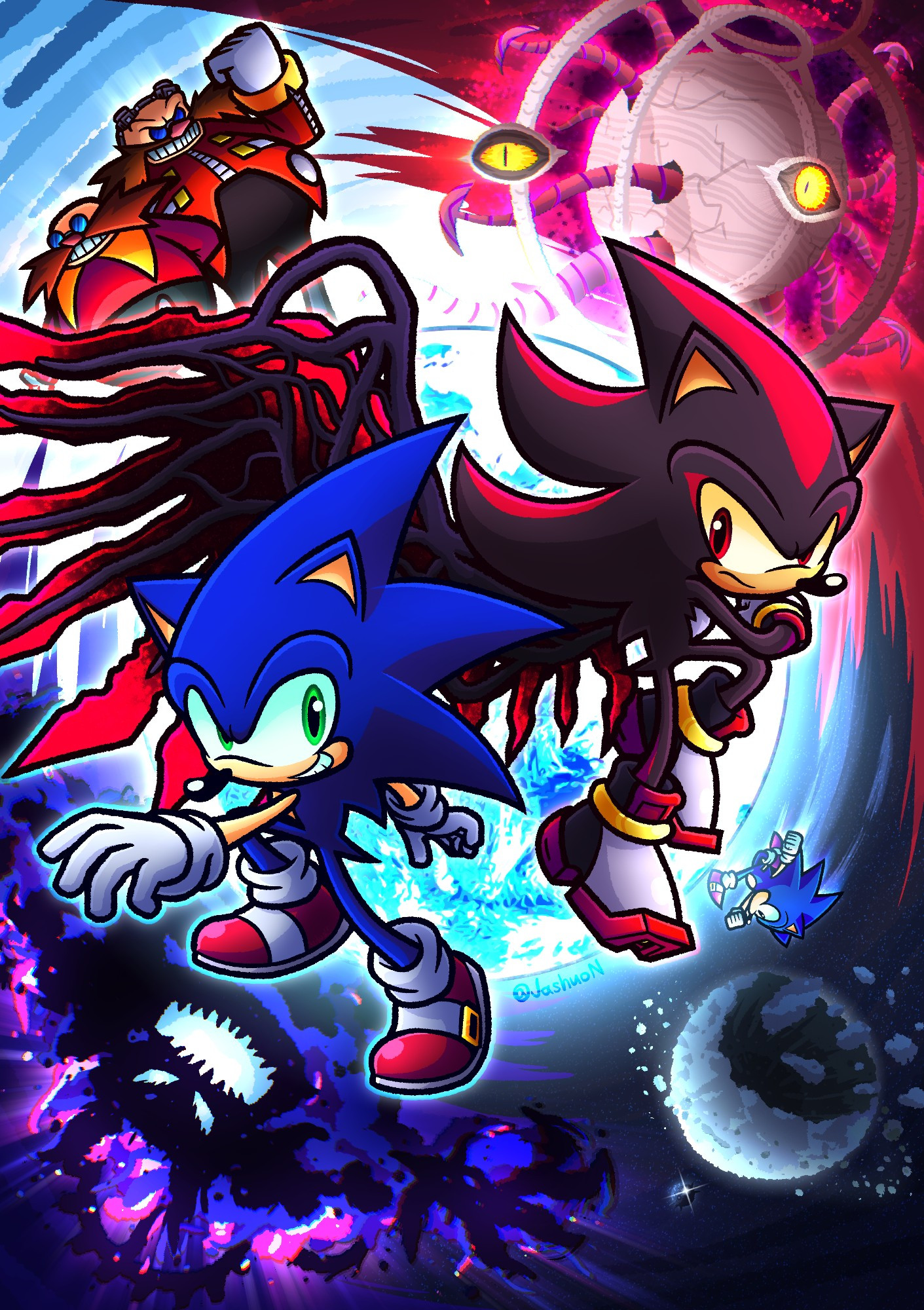 Artwork of Sonic and Shadow in front of the Earth, with the Eggmen, Black Doom, Classic Sonic, and Time Eater surrounding them.