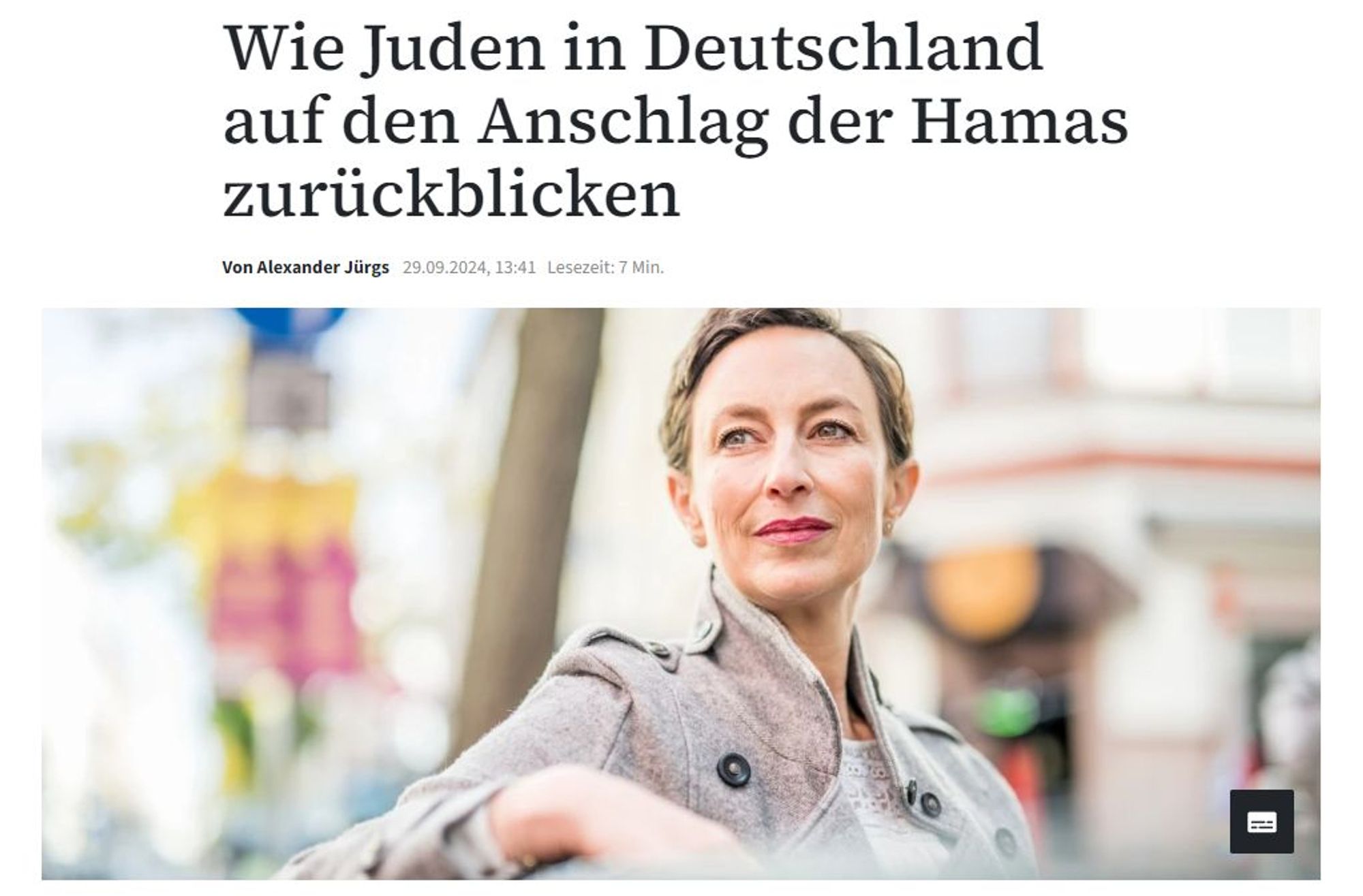 Screenshot vom verlinkten FAZ-Artikel mit dem Titel "Wie Juden in Deutschland auf den Anschlag der Hamas zurückblicken"