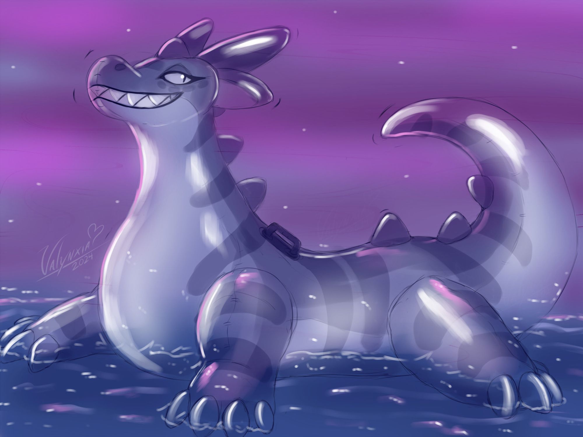 A very big dragon pool toy is floating at a pink night where the sky and sea reflects onto their skin