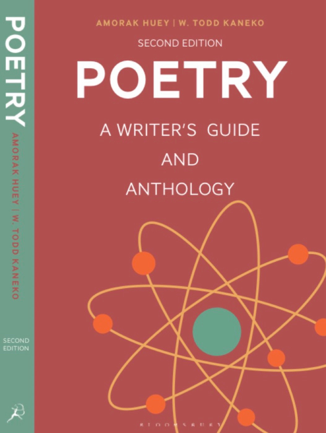 The cover of POETRY: A WRITER’S GUDE & ANTHOLOGY. It’s orange with the symbol of an atom in the lower right corner.