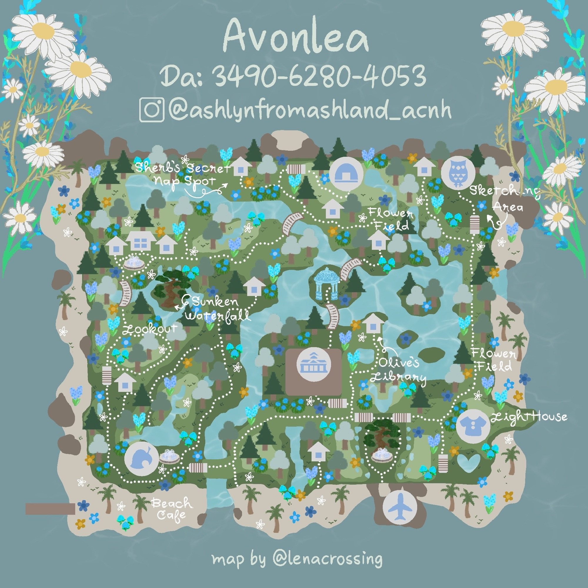 Dream address map for my animal crossing island, Avonlea.