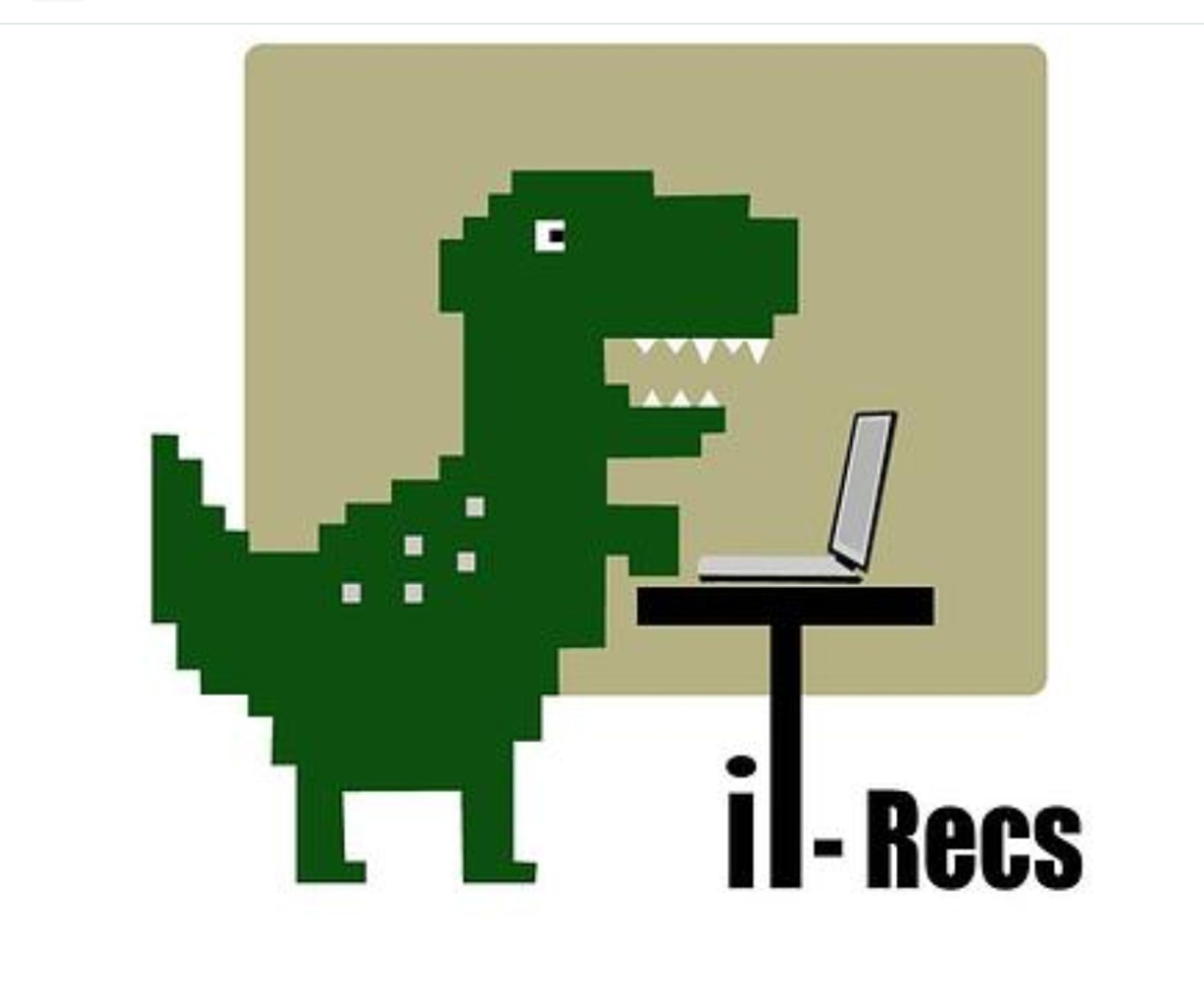 pixelhafter T-Rex vor einem Laptop , der Laptop steht auf dem T vom Firmennamen iT-Recs