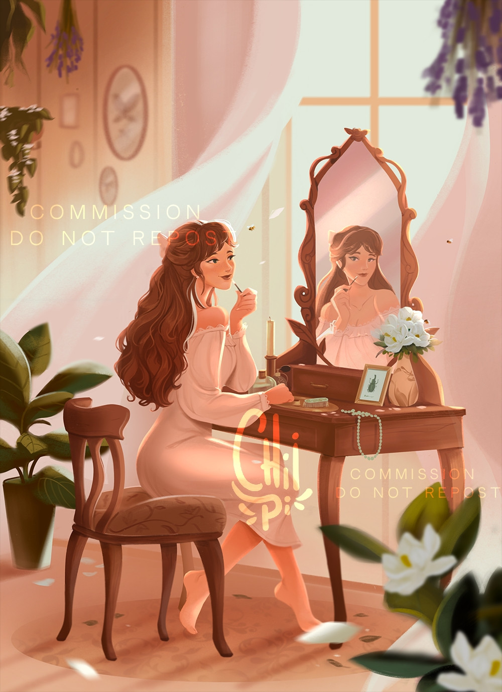 Aster sitting at her vanity in her bedroom in the early morning, putting on makeup.