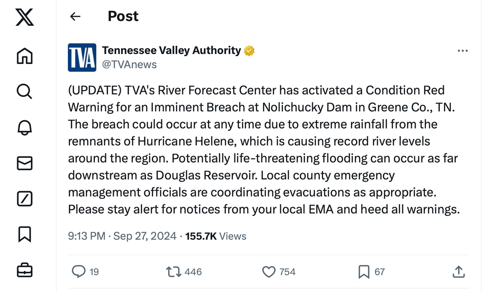 A tweet from the Tennessee Valley Authority on the night of September 27-28 2024 reading "(UPDATE) TVA's River Forecast Center has activated a Condition Red Warning for an Imminent Breach at Nolichucky Dam in Greene Co., TN. The breach could occur at any time due to extreme rainfall from the remnants of Hurricane Helene, which is causing record river levels around the region. Potentially life-threatening flooding can occur as far downstream as Douglas Reservoir. Local county emergency management officials are coordinating evacuations as appropriate. Please stay alert for notices from your local EMA and heed all warnings."