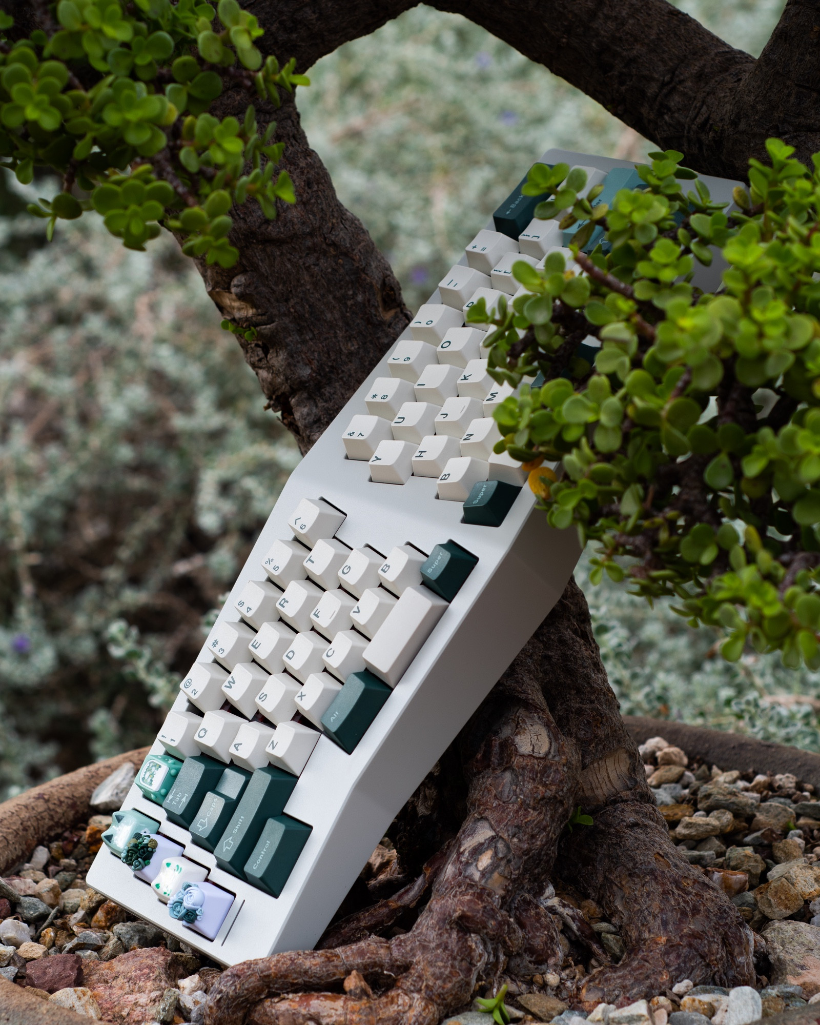 the Type-K sits vertically propped up against a small tree.