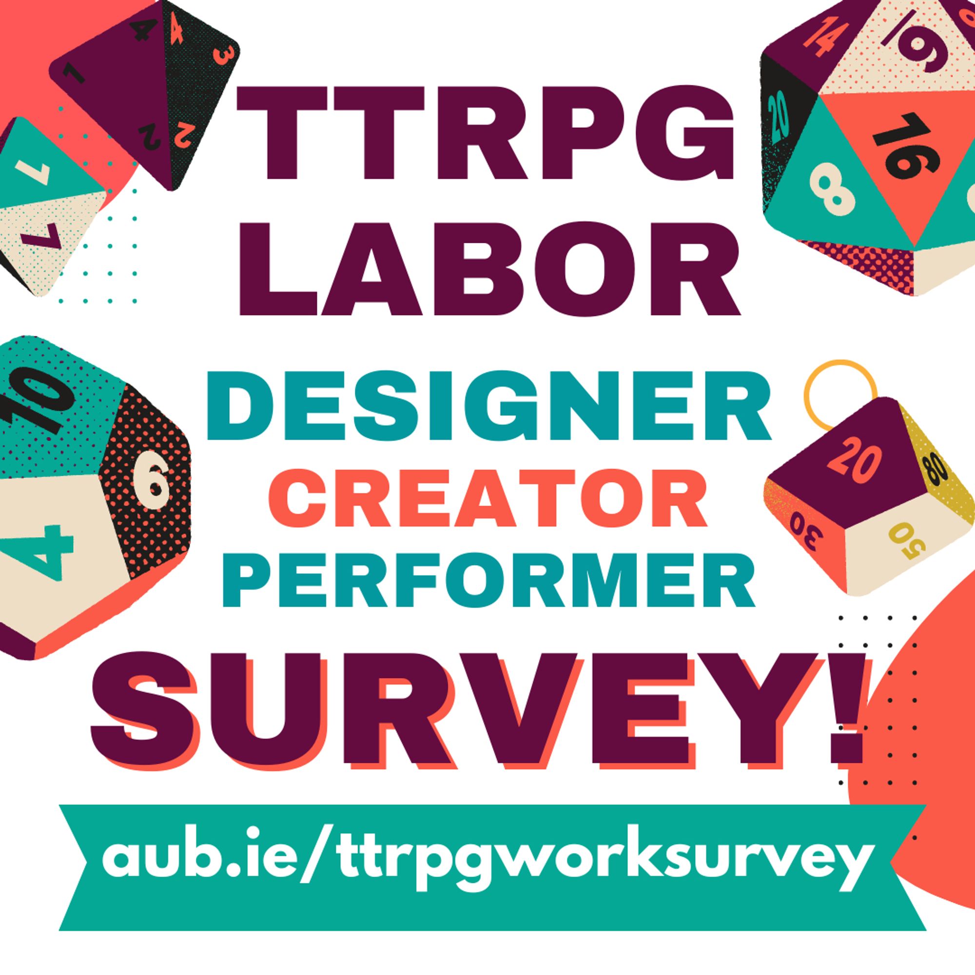 Graphic with stylized polyhedral dice, with the words "TTRPG Labor" and "Designer, Creator, Performer" and "Survey" with link to survey that is in the post.