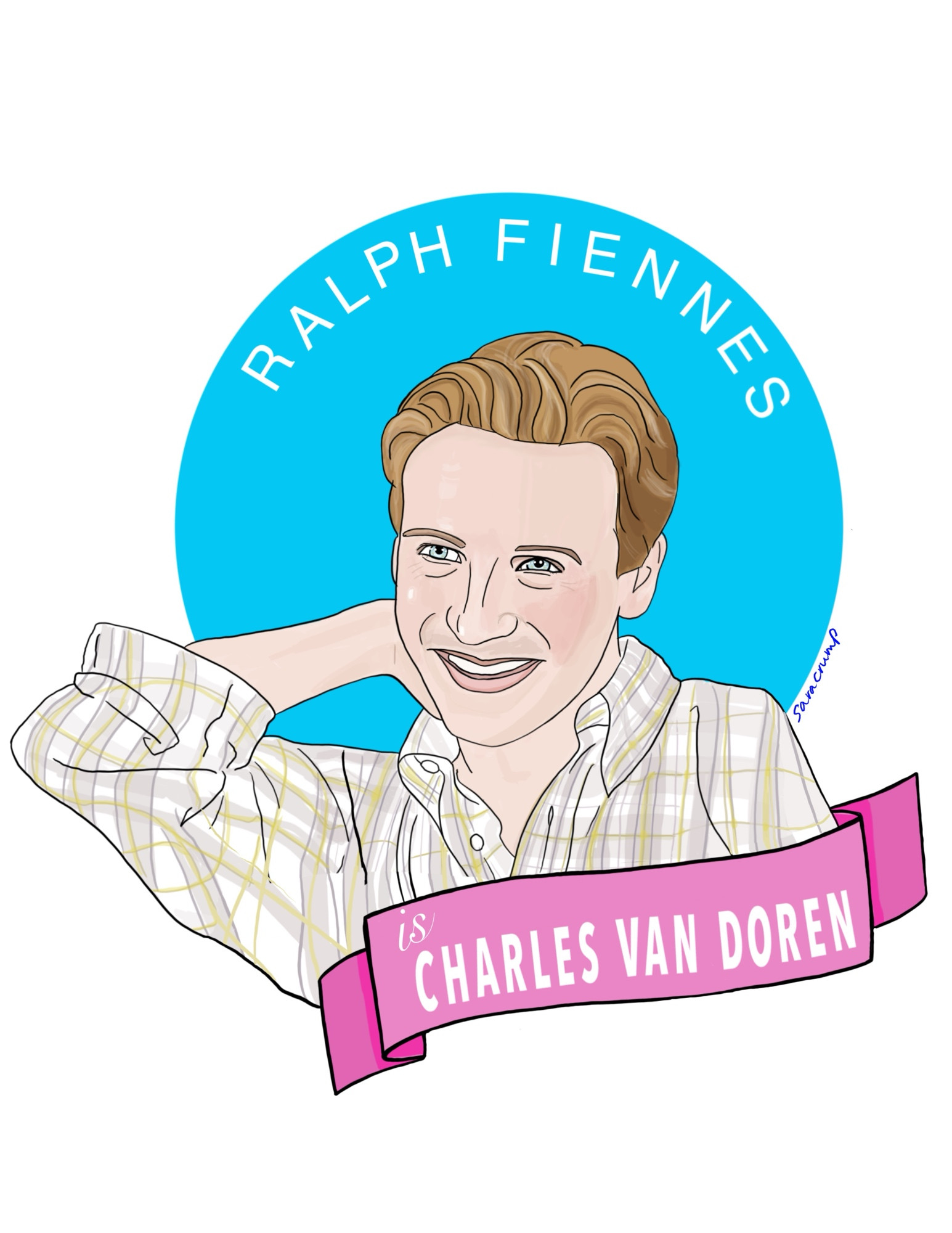 An illustration of Ralph Fiennes as Charles Van Doren in Quiz Show. 