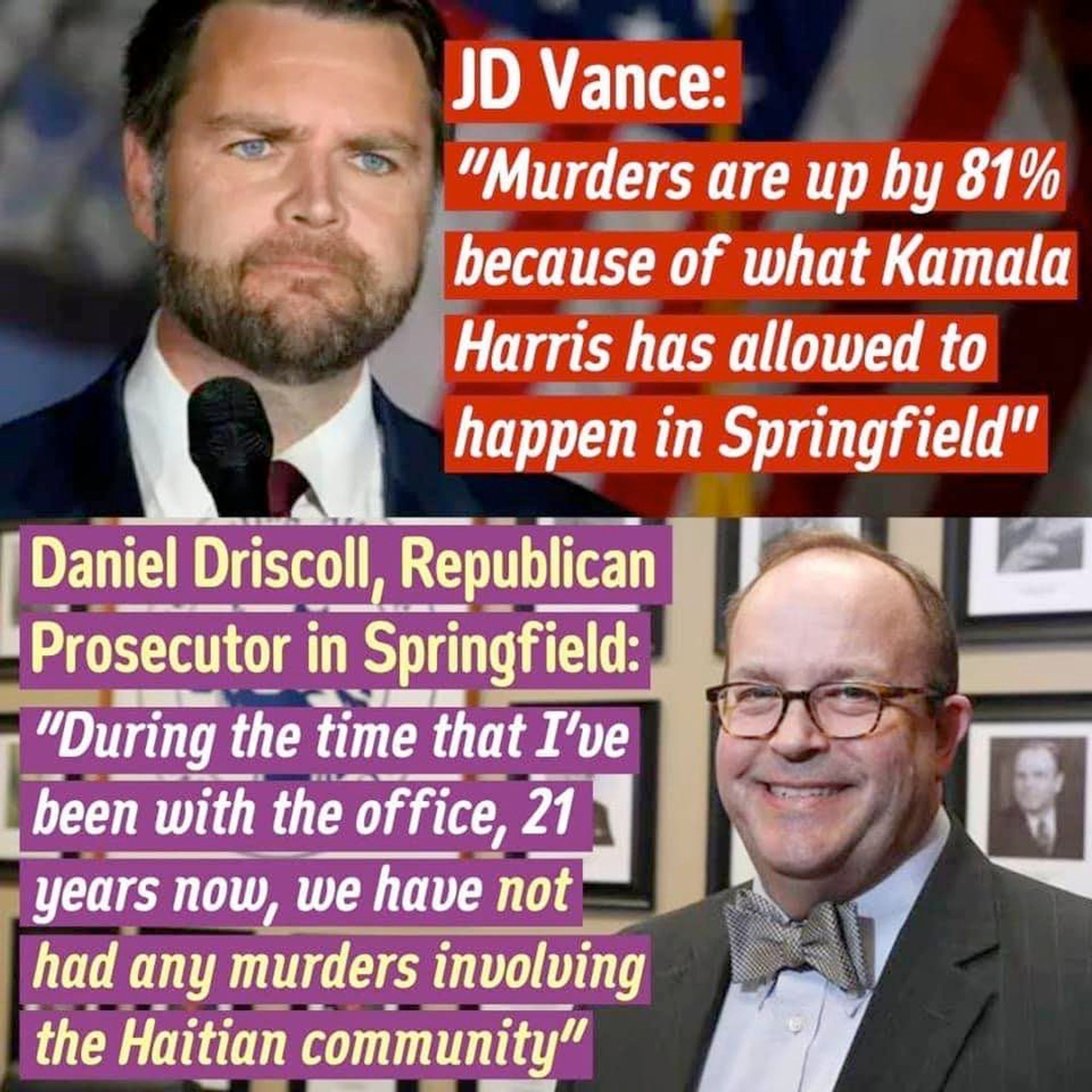 Two panel FB image. First panel a picture of JD Vance, with caption "JD Vance: 'Murders are up by 81% because of what Kamala Harris has allowed to happen in Springfield"
Second a picture of a white man in glasses and a bowtie, "Daniel Driscoll, Republican Prosecutor in Springfield, with caption "During the time that I've been with the office, 21 years now, we have not had any mruders involving the Haitian community"