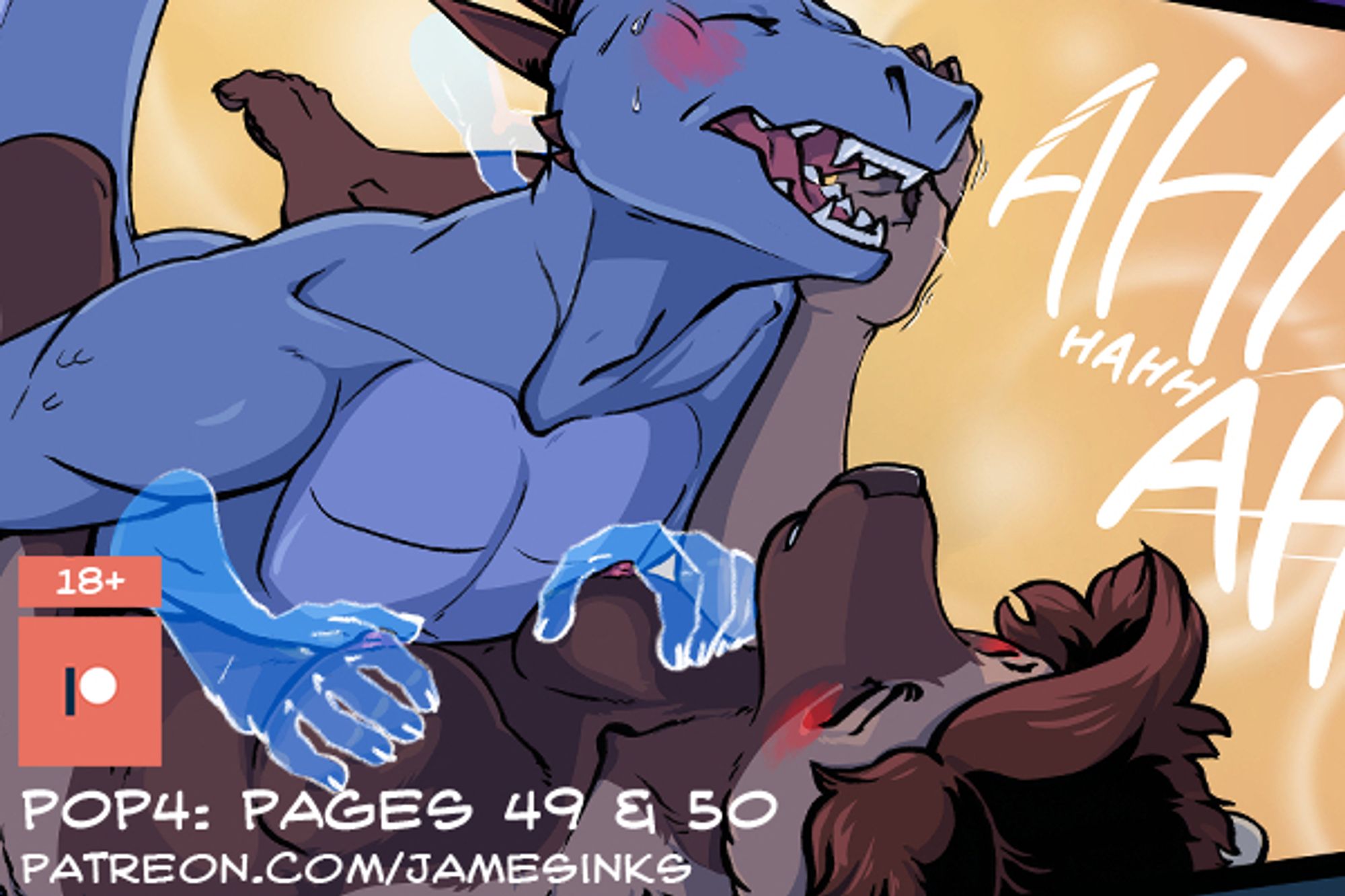 a comic panel preview about PoP4: pages 49 & 50 posting on patreoné 
Dhez has his back arched on Nilyrr who holds his face while he he yells or something. Ghost hands on titties? Wow!