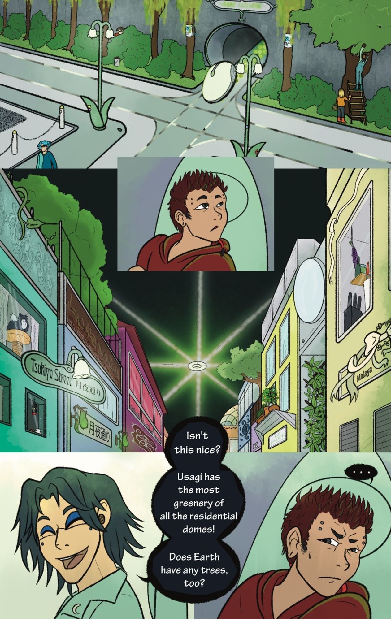 A page from the webcomic Laika Lane 8, in which protagonist August - an asian man with short red hair and freckles - enters the recidental dome Usagi for the first time, the area is covered in foilage and trees, the buildings painted in pastel colors.