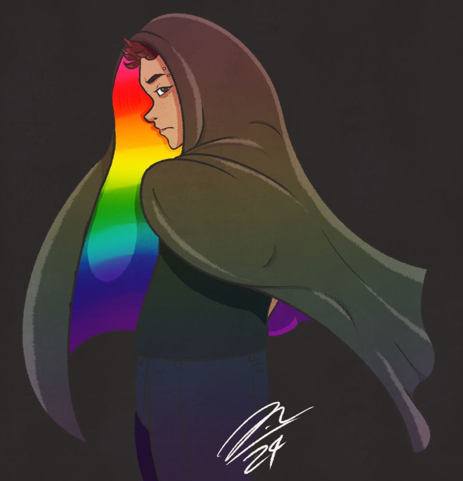 August, a redhaired Asian man with freckles and eyebrow piercings, dressed in greys and blacks with a grey cloak over his head. The cloak shows the colors of the Gilbert Baker gay flag on the inside.