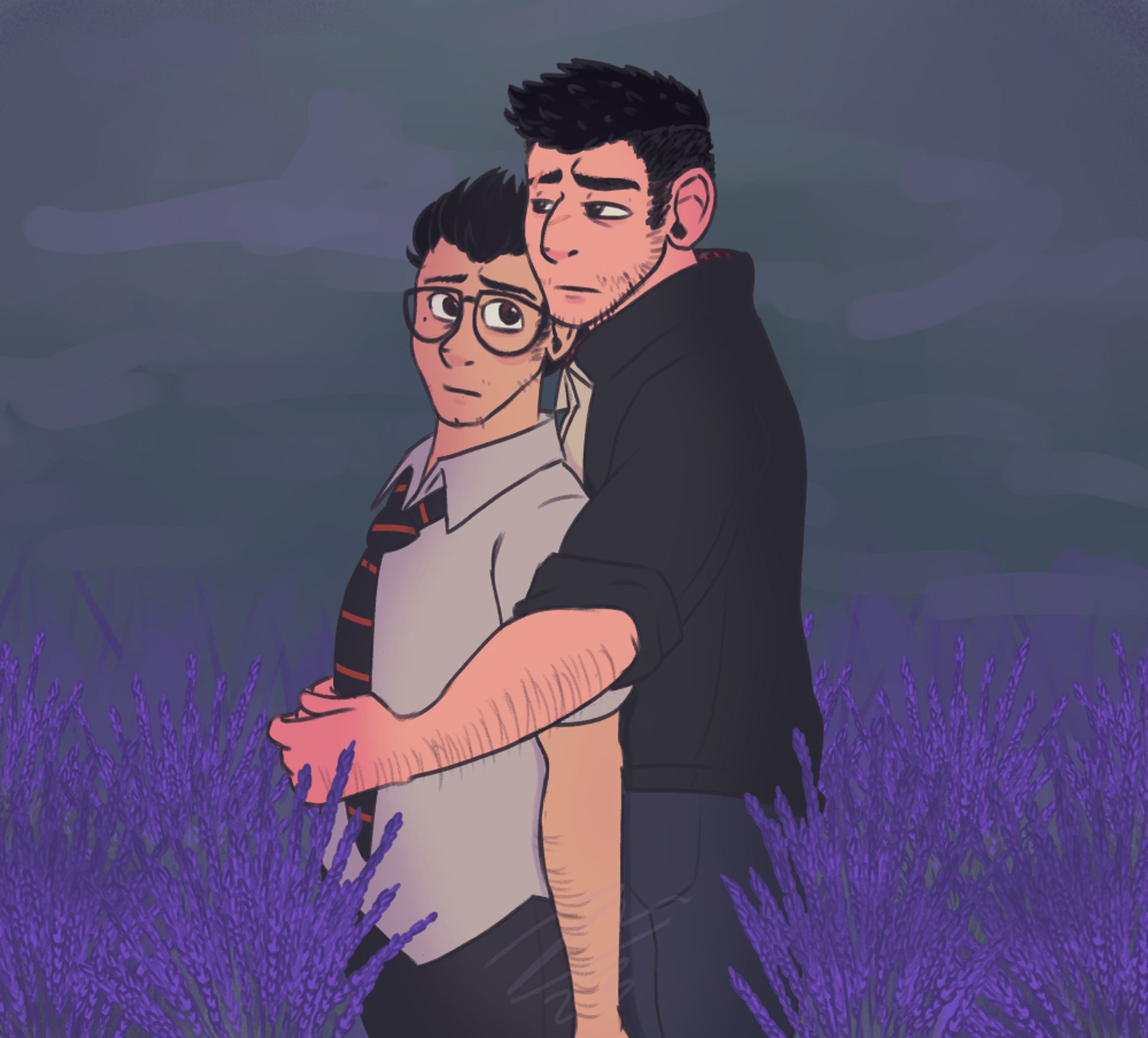 A fanart of Dwight and David from Dead by Daylight: David, a tall man with a black fade and big nose wearing a black denim jacket, hugs Dwight, a shorter man with dizzy black hair, glasses and a white dress shirt and tie,  from behind. The two look melancholic as they stand in a sea of lavender flowers.