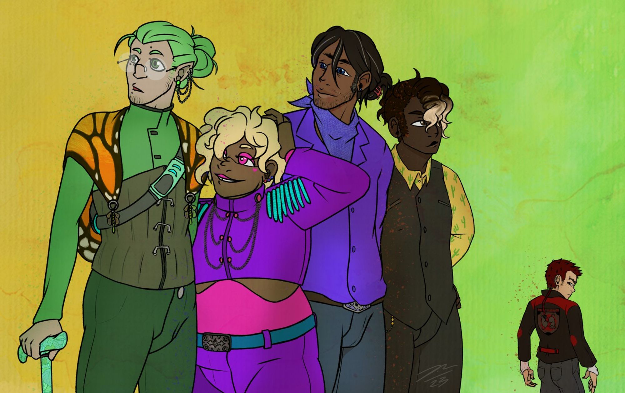 A line up of the main character of Laika Lane 8; left to right: Mahagon, a greenhaired "Martian" with a cane and butterfly wing cape, Conny, an android with blonde hair and hot pink, prince-esque attire, Kadir, a tall vampire with greying-black hair, dark skin and a violet country.-esque attire, Markus, a black man with roots outgrowing his bleacher, curly faux hawk, wearing a vest and suit pants with a cactus-pattern shirt, and August, a red haired asian man with freckles, back turned to the viewer to show of a crest on the back of his leather jacket, that shows two dead rats.