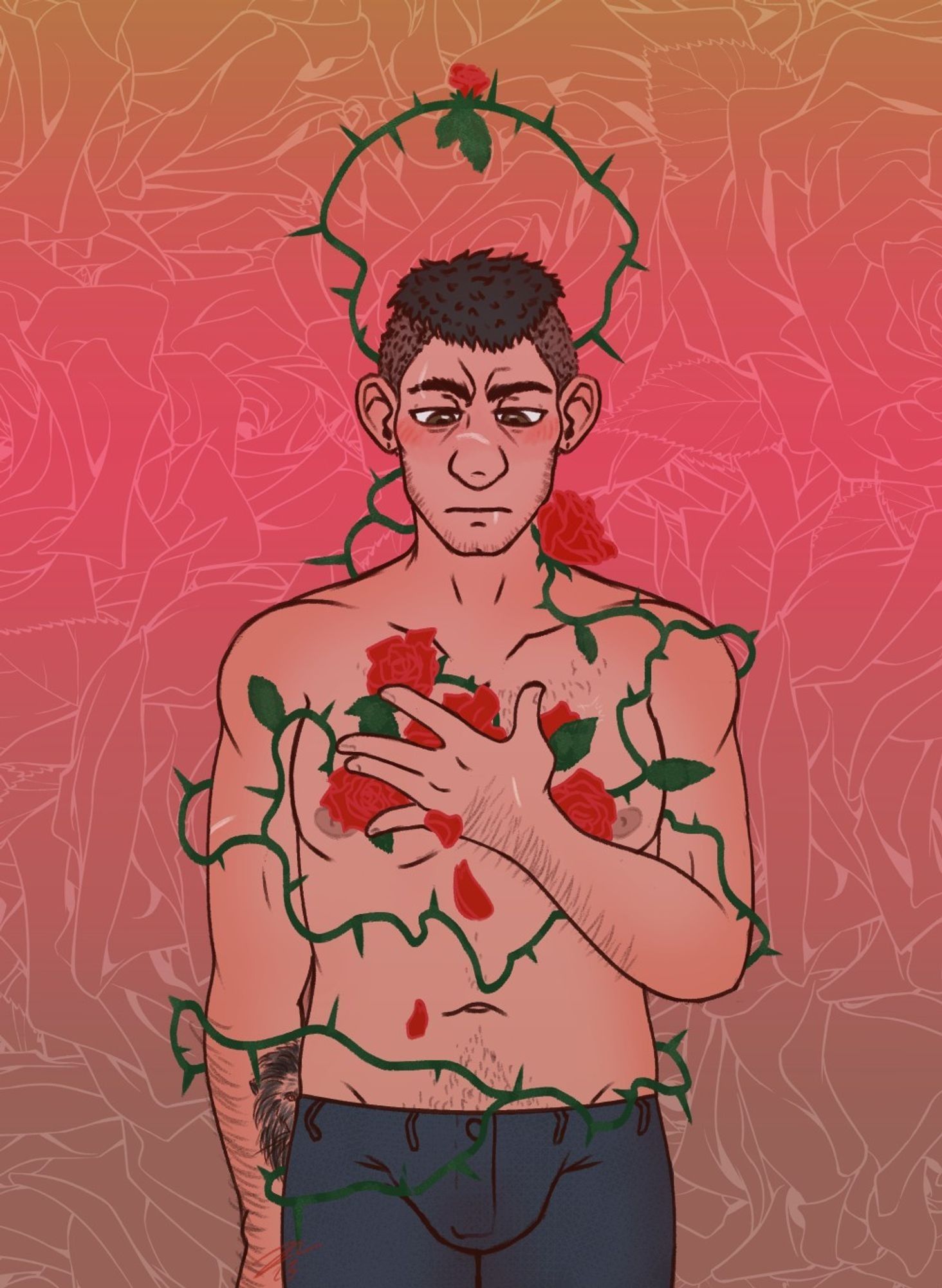 A fanart of Dead By Daylight, featuring David King, standing in front of a peach-pink floral background, shirtless as red roses seem to grow from his chest, surrounding him with thorns.