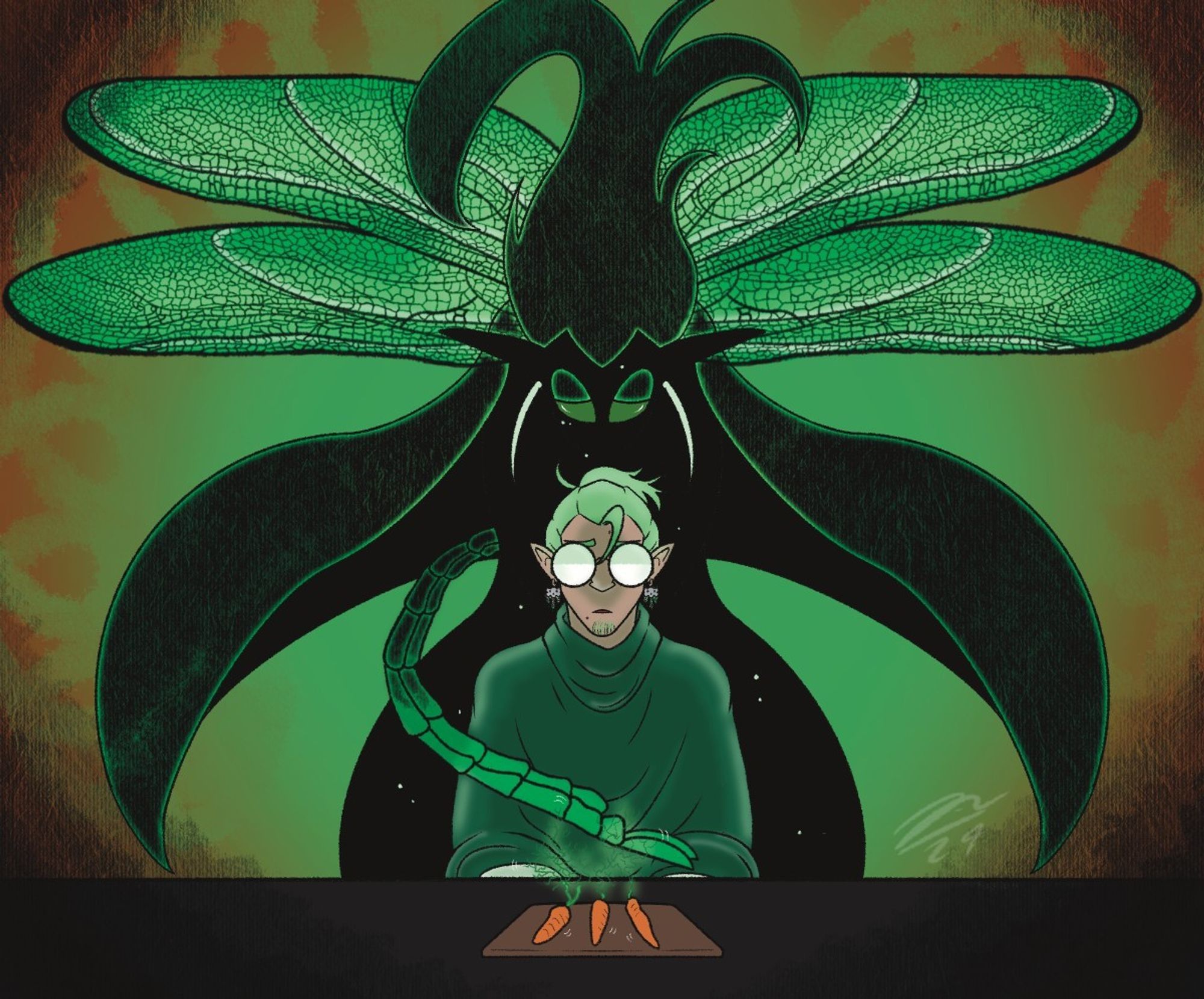 A panel from the webcomic Laika Lane 8, in which protagonist Mahagon, a pale man with pointy ears, long light green hair and round glasses, sits at a tabel, as a black and green dragon-fly-esque shadow hovers over them.