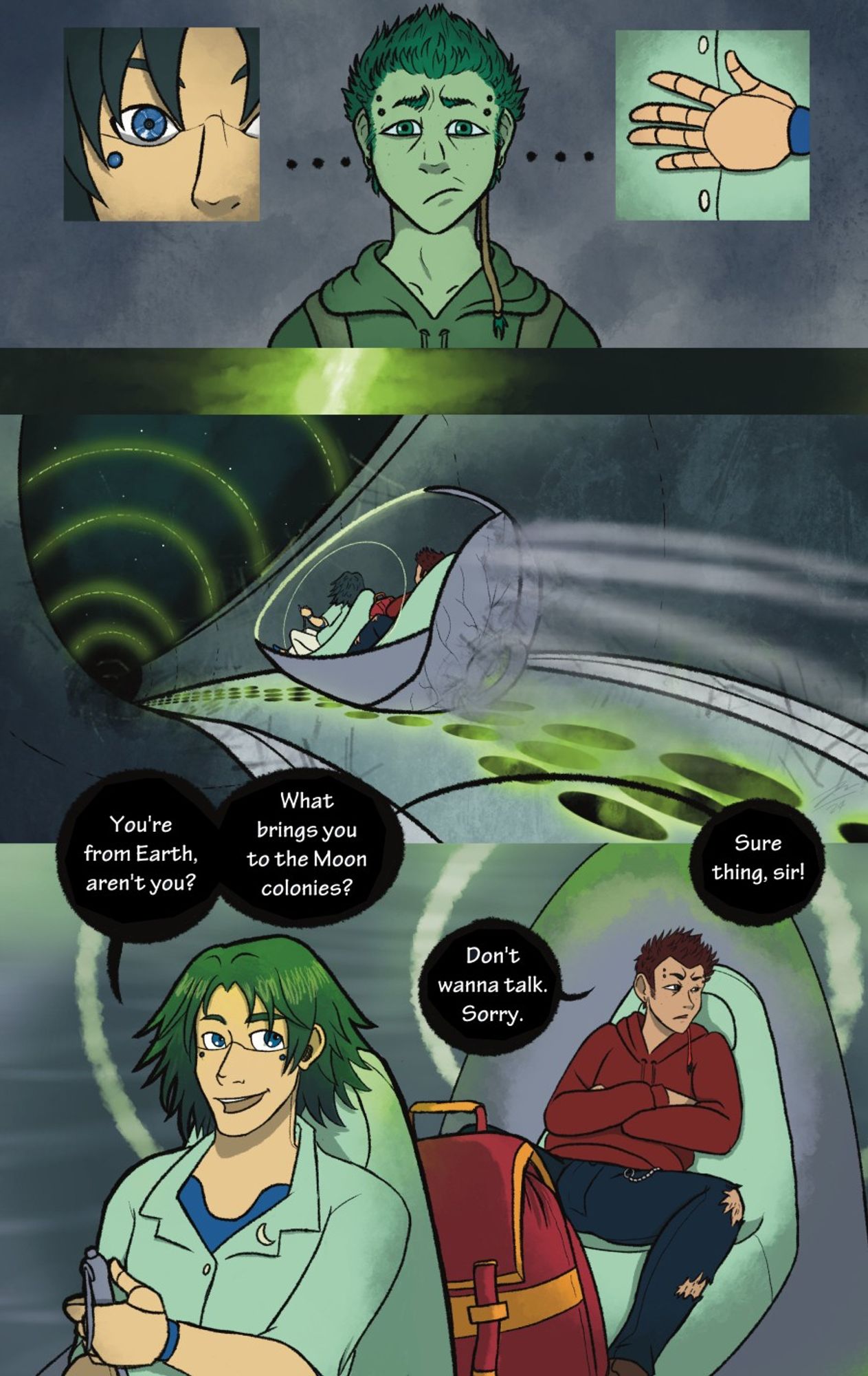 A page from the webcomic Laika Lane 8, in which protagonist August, a red haired asian manw ith freckles and baggy clothes, is escorted via an egg shaped scooter through a neon green lit tunnel, trying to avoid small talk with the android driver.