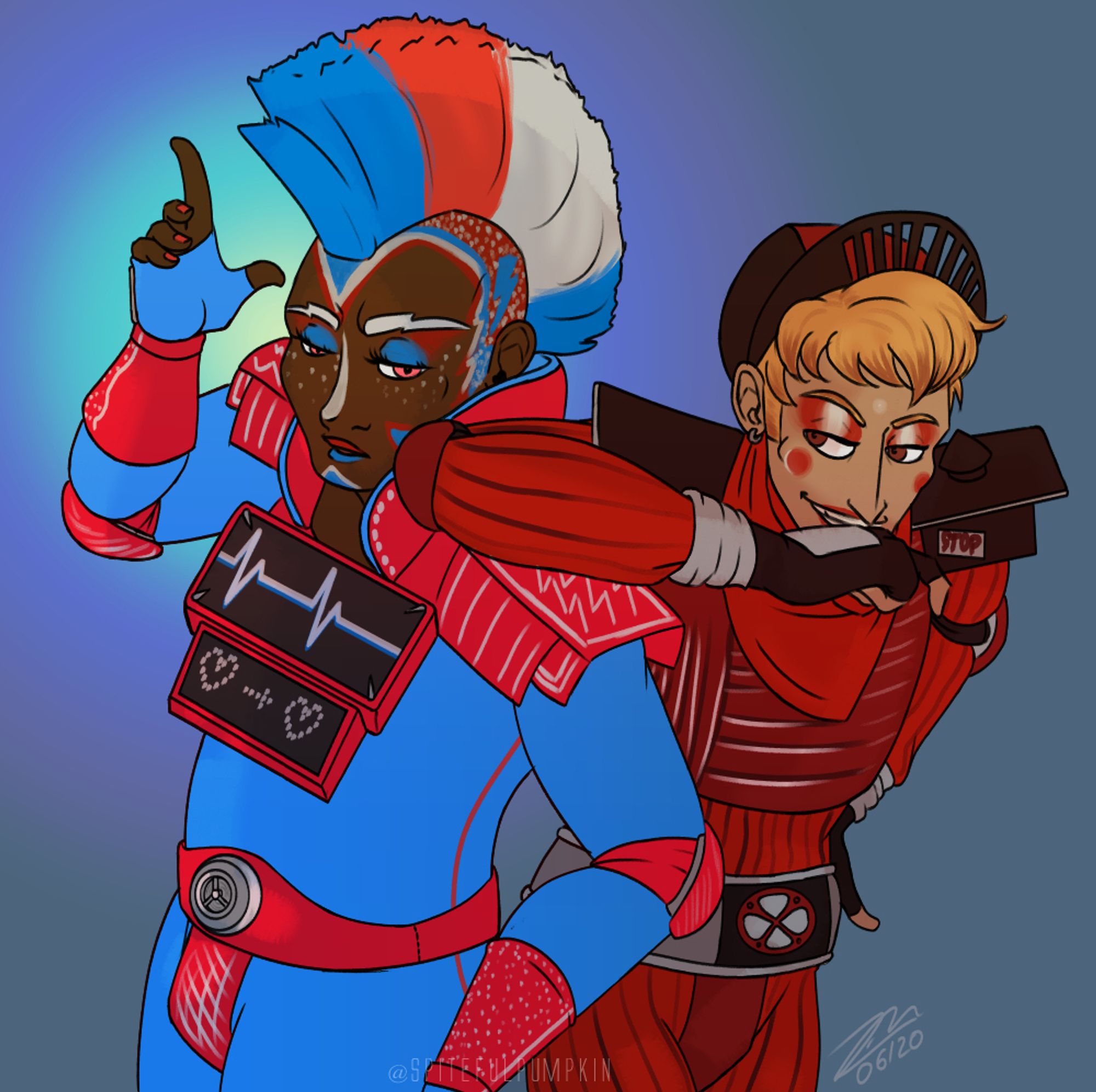 A fanart of Starlight Express: Electra, a human version of an electric train, and Red Caboose, a human version of a brake van, posing for the viewer. Their looks are inspired by their 90s era designs, with Electra sporting a glitters red and blue outfit, dark skin and a mohawk, while Caboose wears a train worker head, boxy red gear and blonde hair.