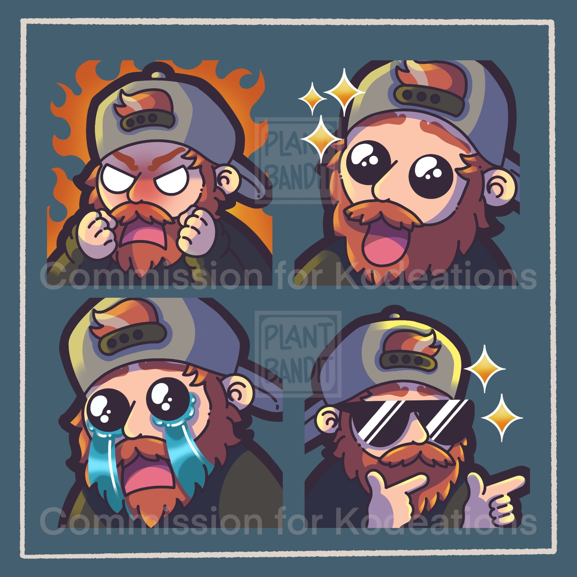 Emotes drawn for Kodeations. Angry, Surprised, Crying, Cool.