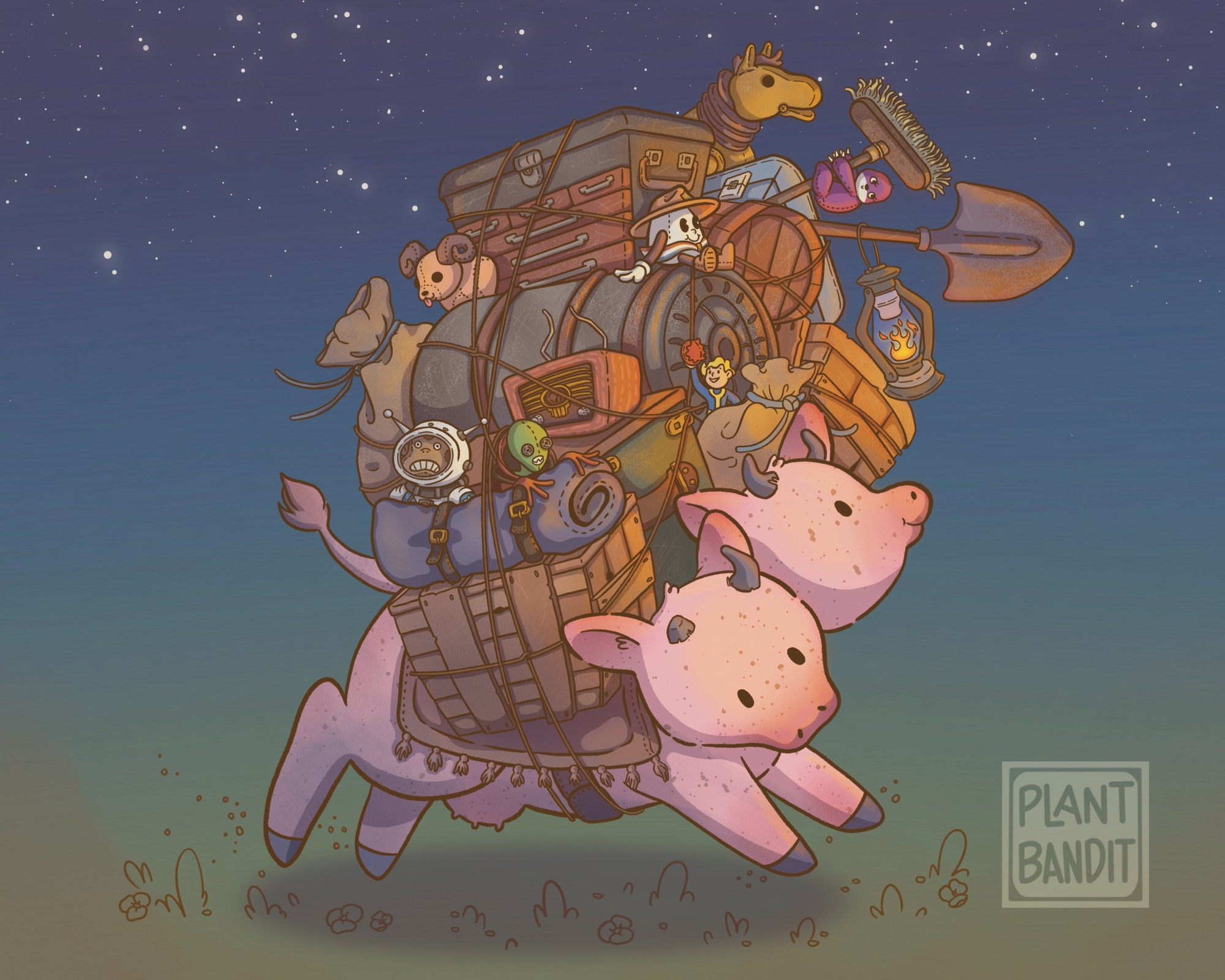 A cute pink brahmin with a giant stack of crates, barrels, plushies, etc running along. Fallout 76 fanart by Plantbandit.