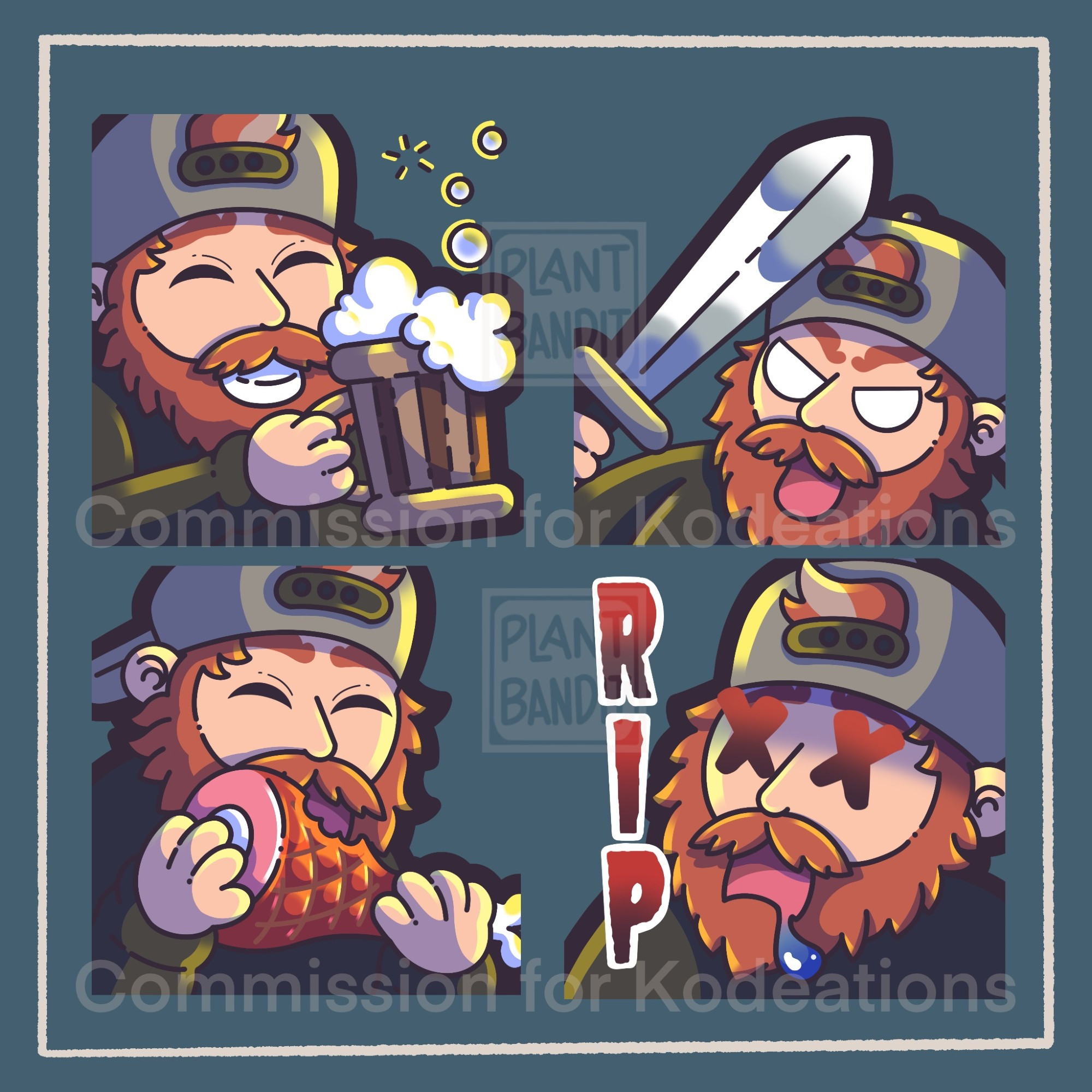 Emotes drawn for Kodeations. Cheers, Fight/Raid, Snack, RIP.