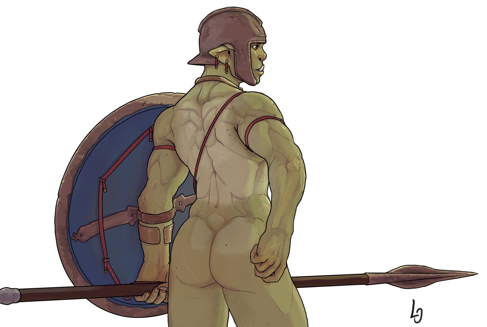 A backside view of an orc wearing nothing but a bronze helmet. Wielding a spear and shield in one hand.