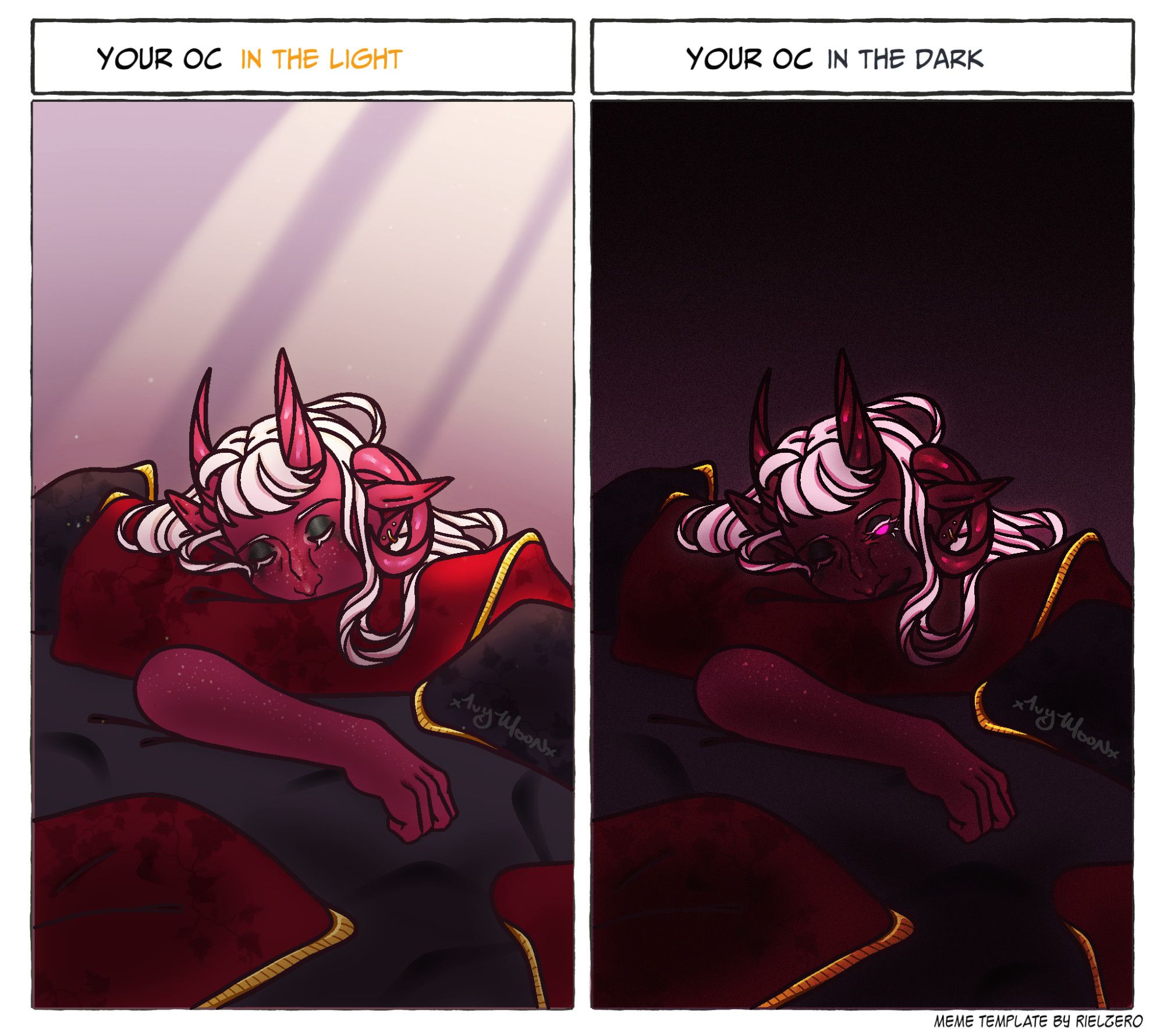 An art meme template that has two sections, one labeled "your oc in the light" and the other labeled "your oc in the dark." On the light side is an illustration of a sleeping pink tiefling with white hair on a black bedspread with red and black pillows surrounding them. On the dark side is the same drawing but now the lighting is nighttime and the tiefling has one eye cocked open to look at the viewer with a glowing pink eye, smiling coyly.