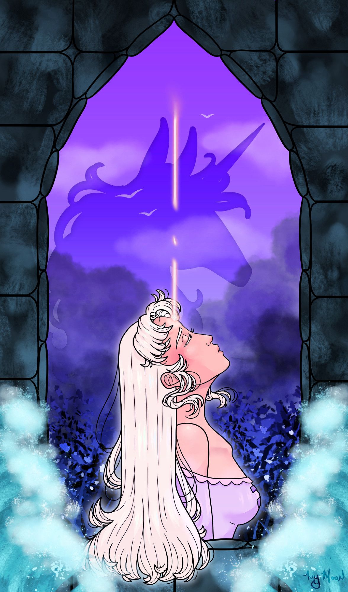 Illustration of Amalthea from The Last Unicorn. She is framed by a stone window, with lilac woods behind her and a silhouette of a unicorn. Ocean waves crash up toward her.