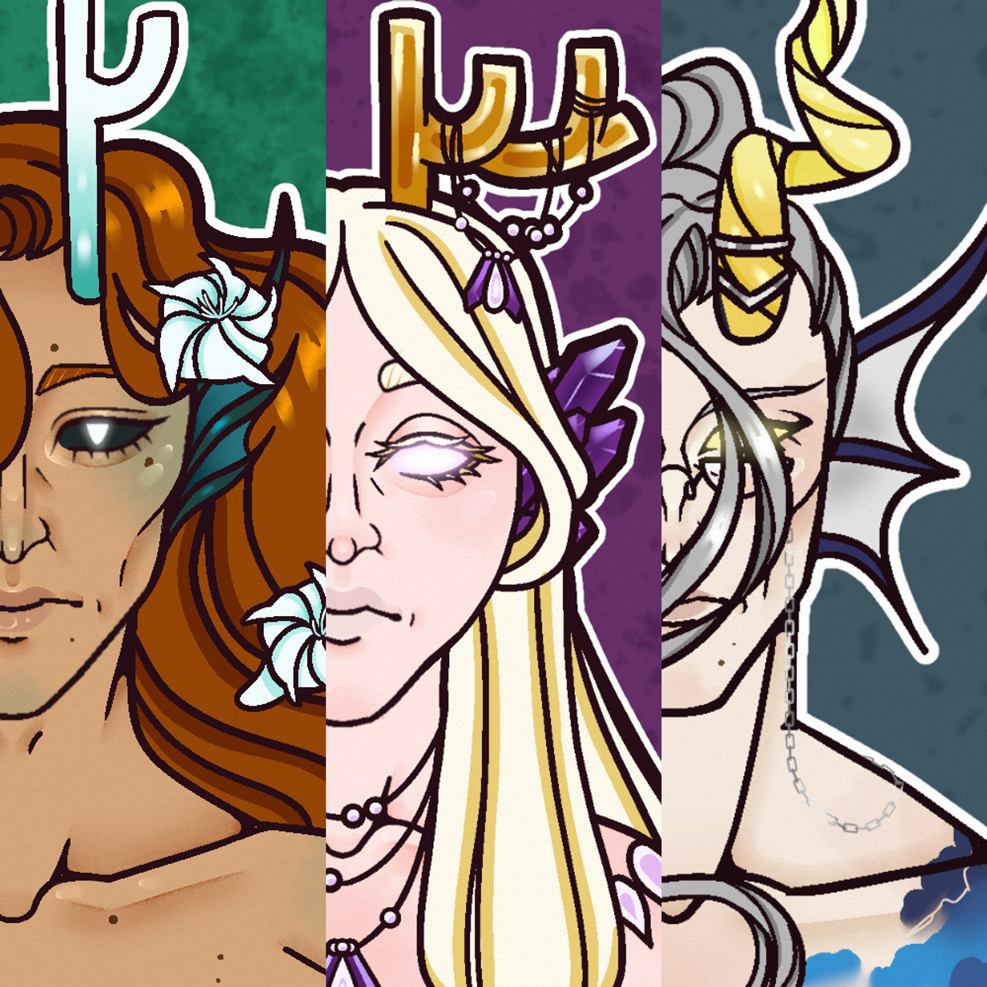 Three way splice of three cropped illustrations of characters who share draconic traits such as horns and finned ears. The first in the lineup has tanned skin, ginger hair, white/teal horns, green finned ears, and eyes with black sceleras and white irises that glow. White moon flowers decorate their hair. The second has cool pale skin, platinum blond hair, gold horns, white glowing eyes, and purple crystals in place of ears. Strings of pearls and crystals hang around her neck and from her horns. The third has warm pale skin, silver hair, yellow horns, dark blue and white finned ears, glowing eyes with yellow sceleras and white pupils. They wear half-moon spectacles, silver accessories, and have blue storm clouds tattooed on their left shoulder.