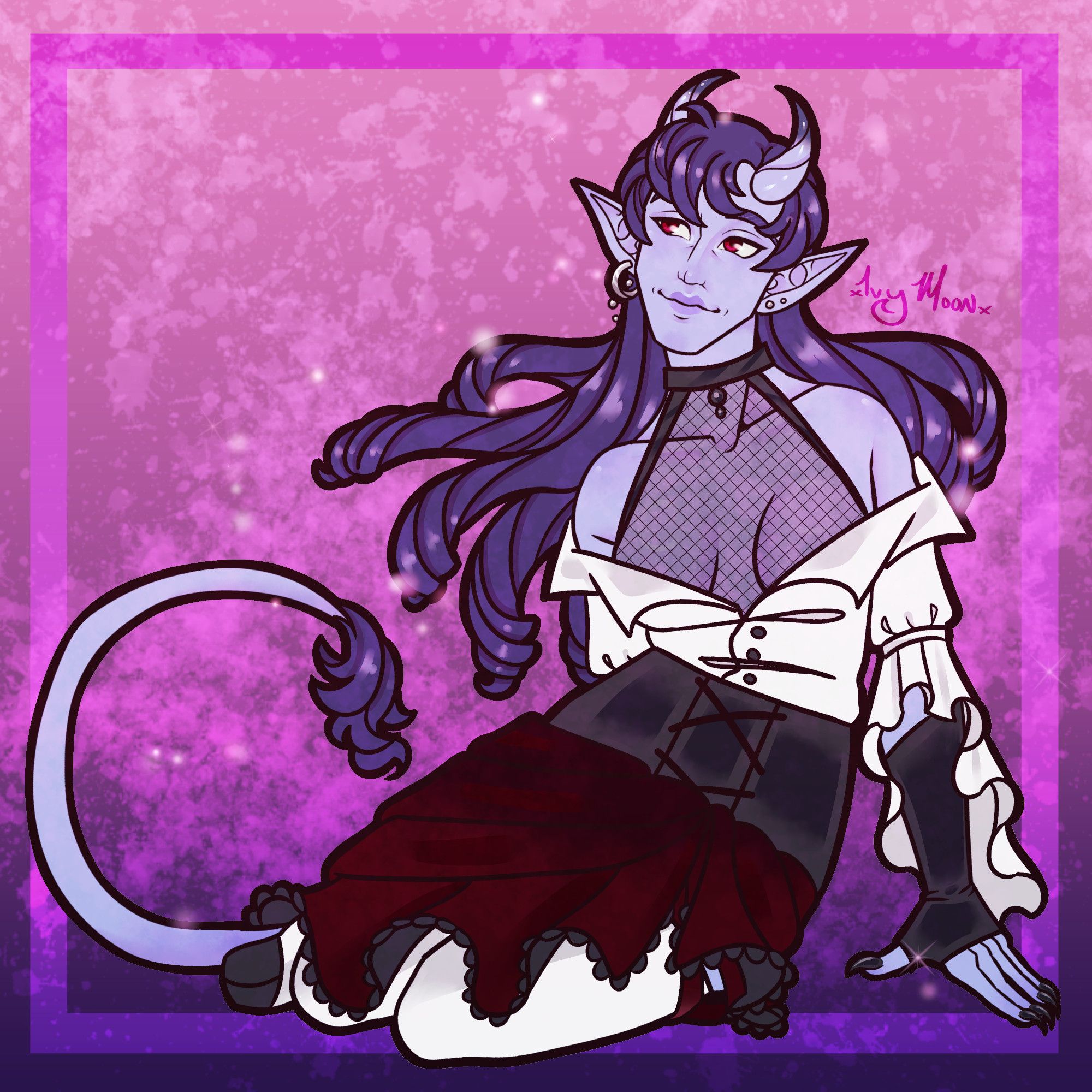 Illustration of a purple tiefling character on a sparkly pink and purple background. Her hair cascades around her in dark purple ringlets, and she wears a renaissance inspired fantasy outfit.