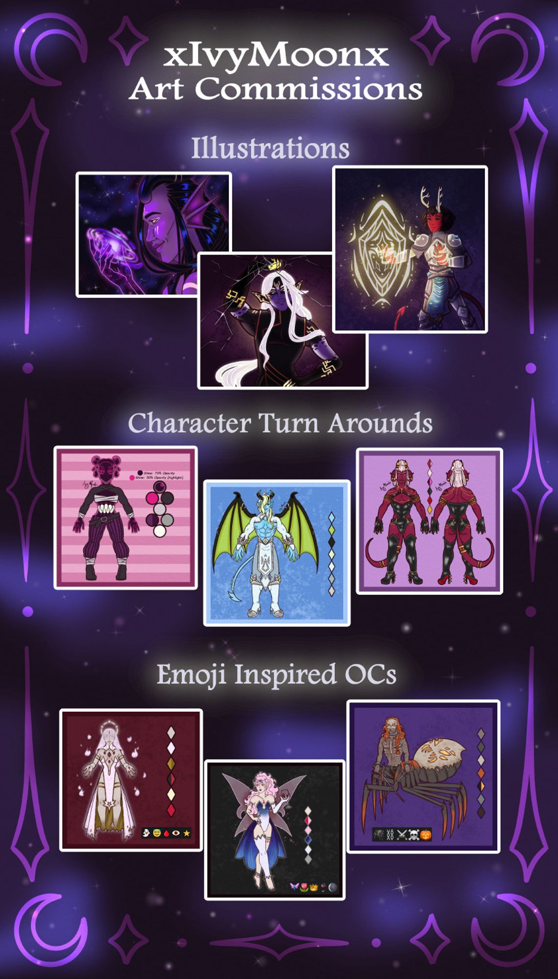 A sheet showing examples of commissions such as illustrations, character turn arounds, and emoji inspired OC's.