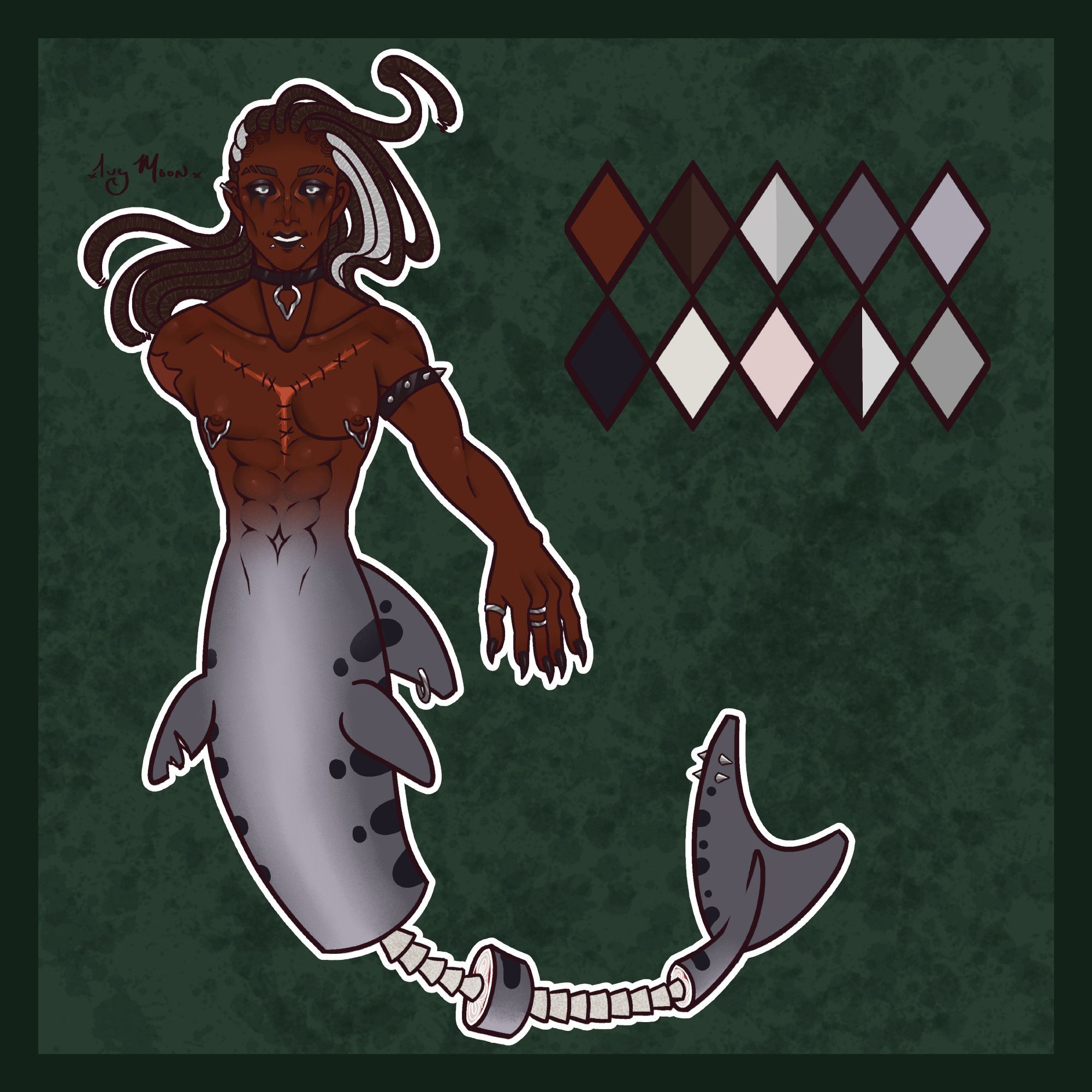 Character illustration of a zombie leopard shark merman.