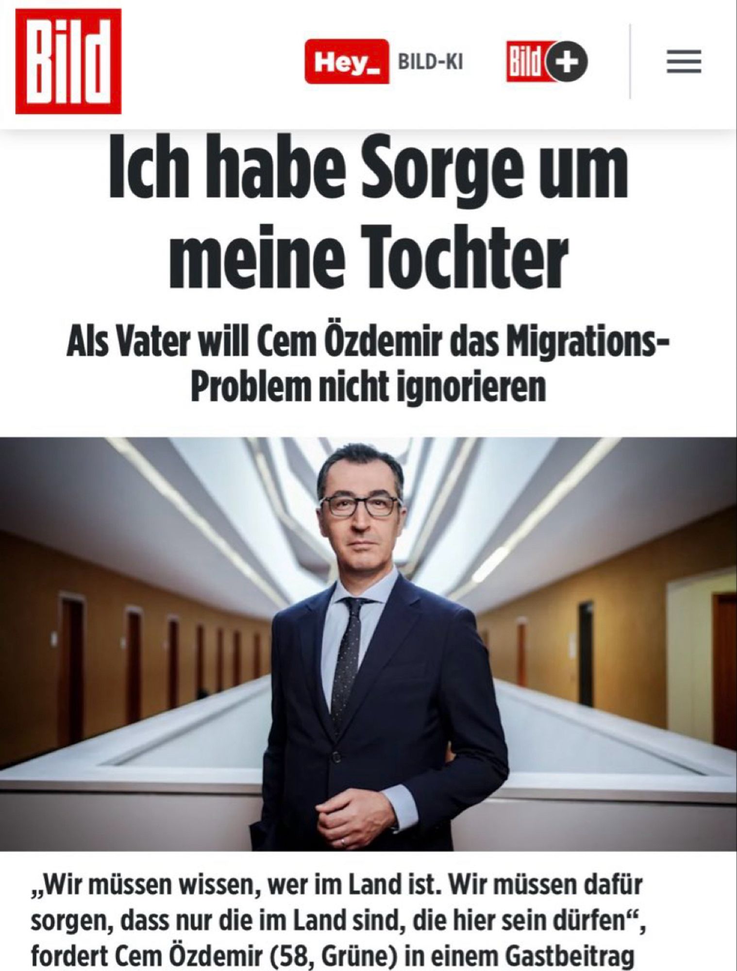 Bild Schlagzeile von der Bild: Cem Özdemir „Ich habe Sorgen um meine Tochter“ Als Vater will er das Migrations-Problem nicht ignorieren